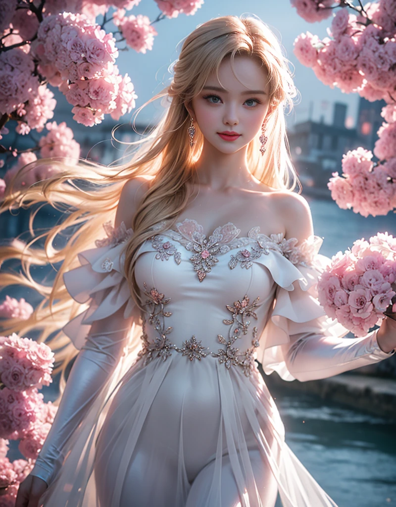 masterpiece,Highest image quality,Super detailest quality ,extremely delicate and beautiful, Very detailed,best quality, official art, Extremely detailed CG unified 8k wallpaper, portrait photo, The most beautiful look,Blonde hair, blue eyes,Radiant skin and radiant eyes, beautiful skin,(detailed lighting:1.2), (Beautiful and detailed light:1.3), deep understanding, beautiful nude color, complex, digital painting, Smooth, sharp focus, end of the world, epic reality,looking at camera, (high dynamic range:1.4),face camera, (pastel colors:1.4), beautiful big breasts,end of the world的, give up, neutral color, night, screen space refraction, (intricate details, Super detailed:1.3), art station, movie shot, vignette, complex background, buliding,charming smile,Blushed,Shy,detailed background,(Various colors of dream catcher earrings missing color,Color is black,White,pink,Purple,red,blue,orange color,green,blue,,),sexy and sultry,(exposed,camel toe,comb neatly,),The sexiest look,Crystal Pink Diamond Venetian Sunset Rose Transparent Open Dress,Ultra thin,translucent,lace,hollowed out,(Off-the-shoulder large open-breasted crystal pink diamond transparent hollow open wedding dress:1.6), pink背景,