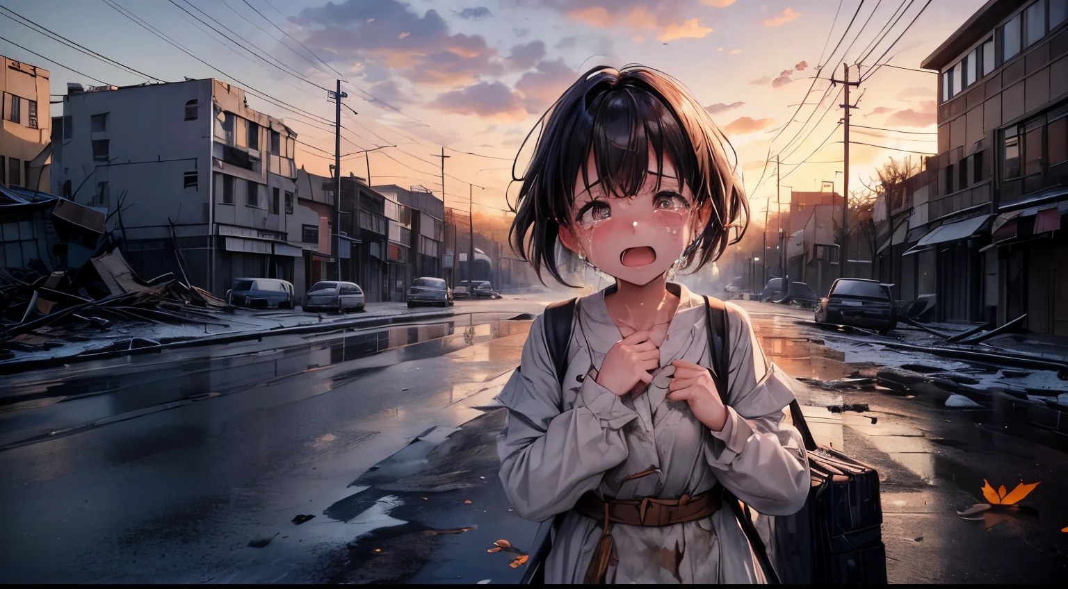 highest quality、masterpiece、evening、pile of rubble、bombing機、battle、war、gunshot、gunfire、bombardment、Destroyed towns、爆inflammation、inflammation、war、refugee、war、bombing、one girl、(((Sad and crying)))、((Fall down on the road and keep calling for someone'Name of))、((Destroyed city、sad、be frightened、lament、Shout、go!、ask for help、Open your mouth wide、