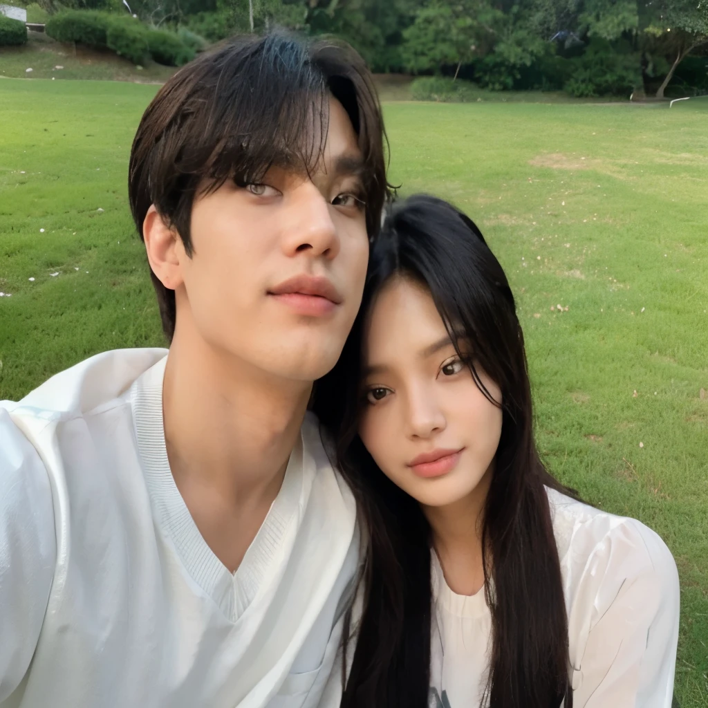 casal araffe tirando uma selfie em um parque com um campo verde, Kim Taehyung, 😭🤮 💔, lovely couple, Kim Jennie, por Kim Taehyung, Suave em _ o fundo, por Kim Taehyung, kim jennie, 8k)), imagem vazada, Ulzzang, com ela longa