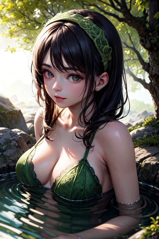 melhor qualidade, obra de arte, super high resolution, a super model soaking in a hot spring in Japan, fonte termal ao ar livre, fonte termal de pedra, surrounded by moss and trees, cara super bonita, corpo puro, visible clear pores, (sorriso:0.8), using division (Lace headband:1.2), (realismo:1.5), foto original, corpo encharcado, coberto de suor, Ombros nus, No escuro, Sombras profundas, discreto, luz fria