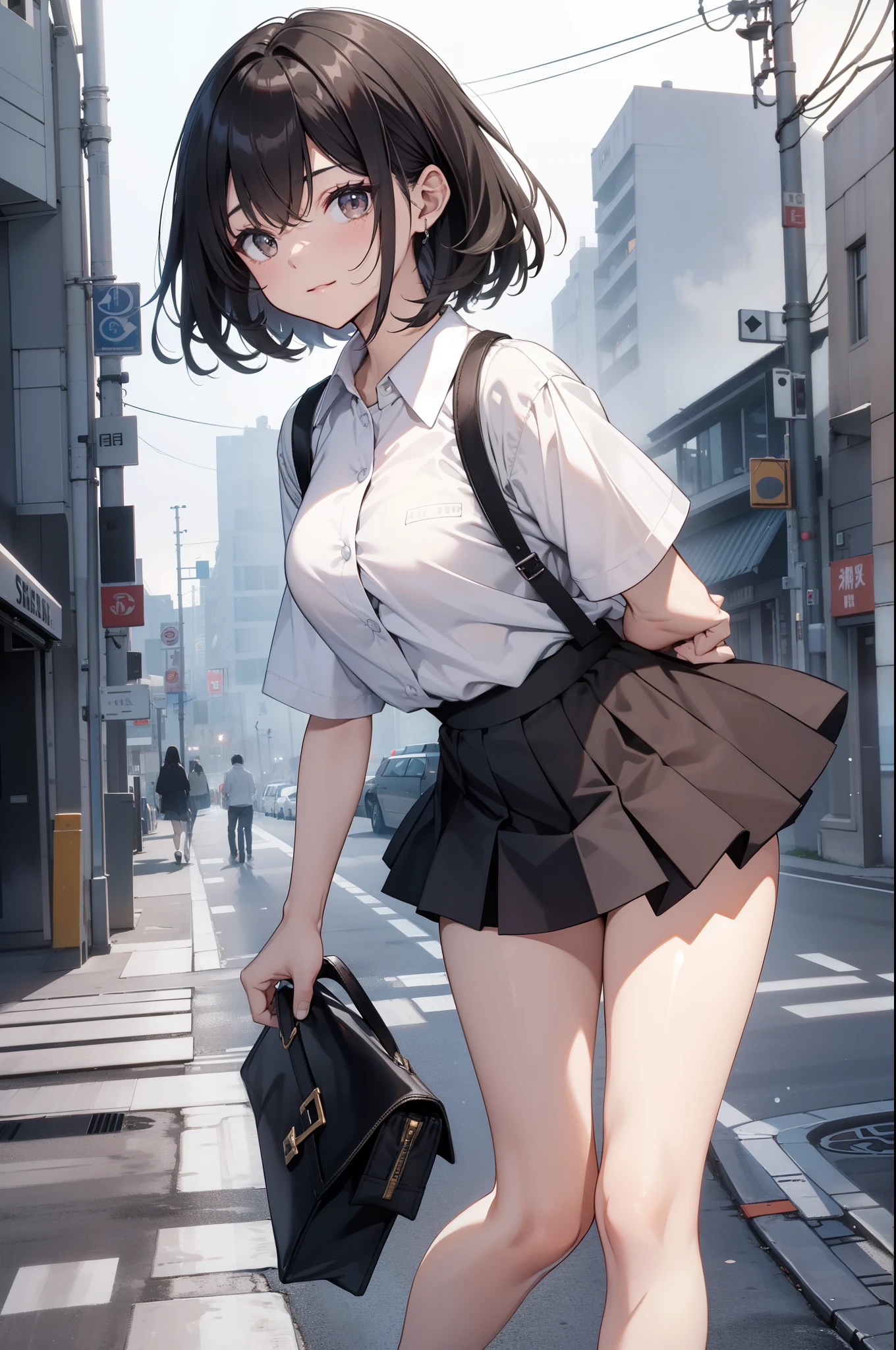Masterpiece, quality, ultra high definition, highest resolution, Very detailed, professional lighting, gray light lighting、low angle from below、Modern old town landscape、blow steam over the landscape、fog in landscape、it's foggy、beautiful女人, a small face、white skinned、a very cute one、17 years old、bright smile、(black hair、wolf cut、childish、Round short)、(White short sleeves、open collar shirt)、Slender and long beautiful hip line、beautiful脊椎、Contract your back、toned waist、black underwear、JK black skirt 、tight pleated skirt、Hip line emphasizes dark brown eyes,Face a little red, beautiful、It's A cup、perfect hands、The shoes are loafers