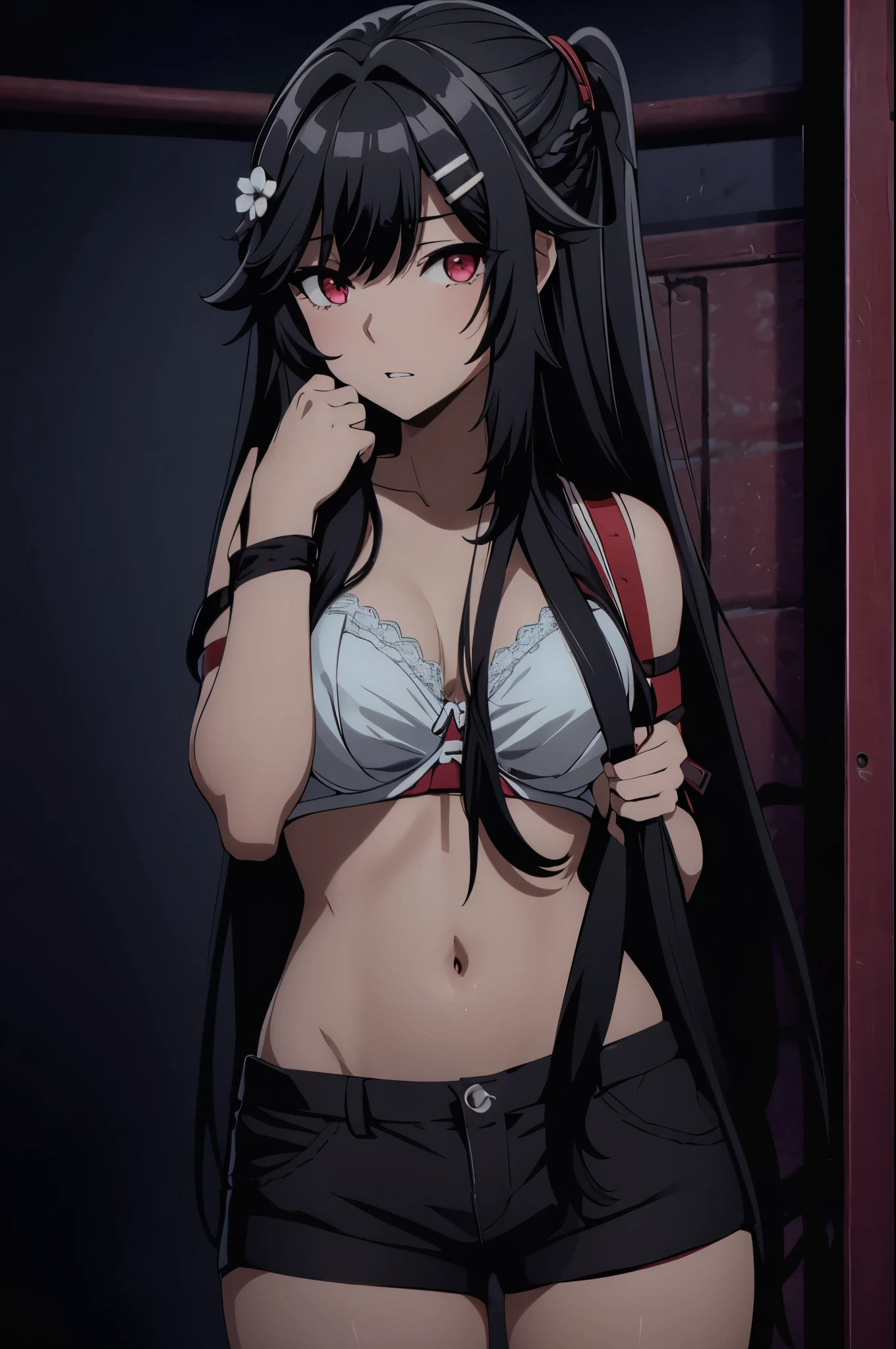 1girl,hair ornament,black hair,long hair,hair flower,hairclip,red eyes,braid,bangs,hair between eyes,
,cleanched teeth,(((bra,shorts))),perfect eyes,best quality,(bound bdsm bondage)
