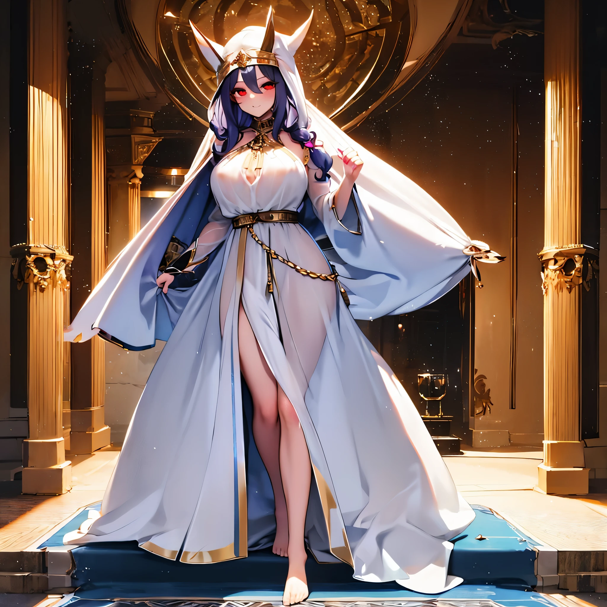 solo 1 thin girl standing in shrine, pythoness, fosse, (white see-through robe:1.5), large breasts, thin waist, thin long legs, red eyes, smile for viewer, nose blush, full body, 8k beautiful detailed, ultra-detailed, masterpiece