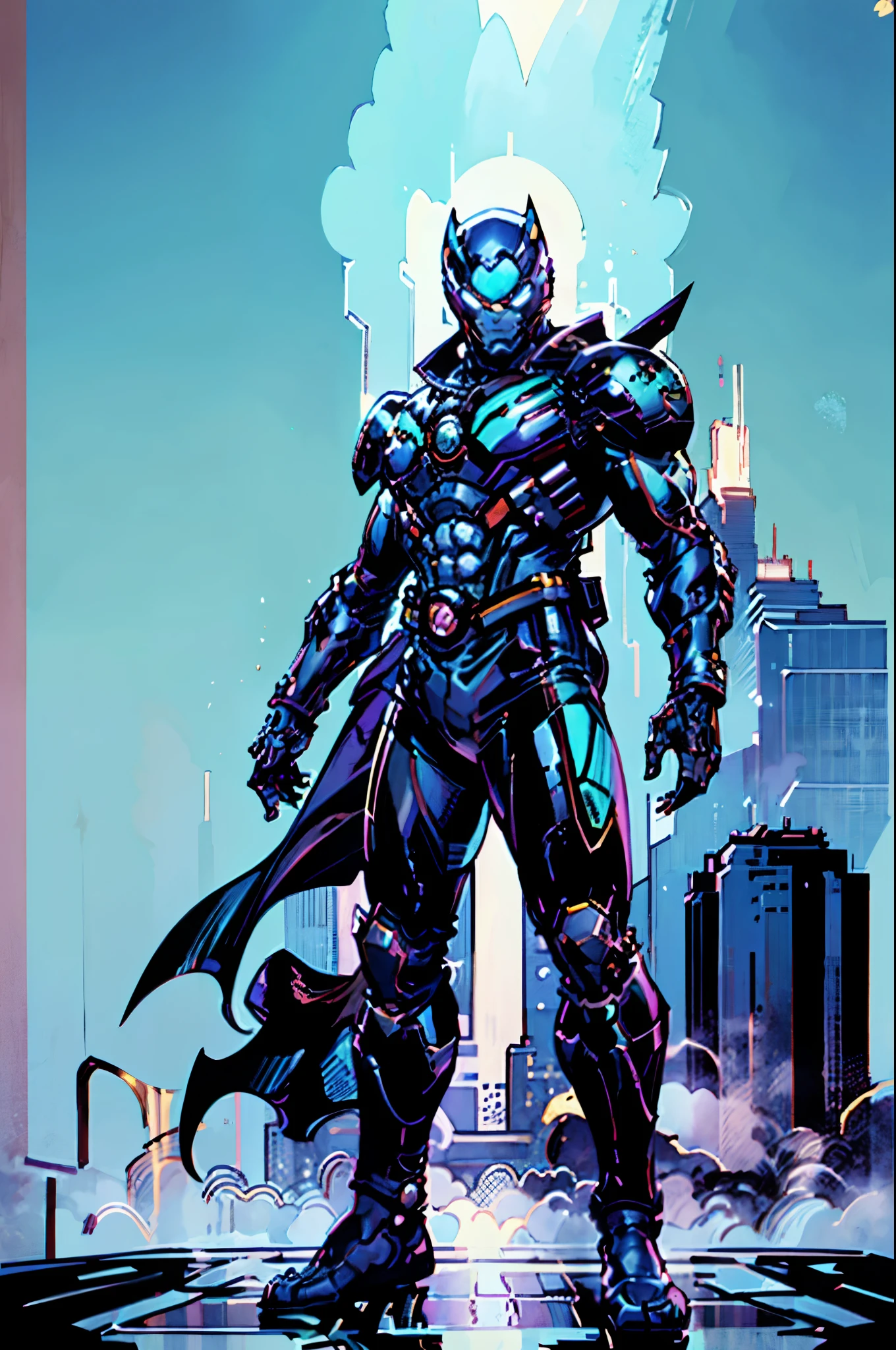 A super a high-tech biotech battle suit, standing on a rooftop, looking over the city, Japanese tokusatsu and American comic style, biometallic texture of the suit, sleek and shiny, dynamic, fast, natural light, cinematic, high quality, high resolution, high detail, sophisticated design, dramatic, high definition, ultra-detailed, ultra-fine painting, extremely delicate, creativity, Natural light, cinematic lighting, best shadow, masterpiece-anatomy-perfect