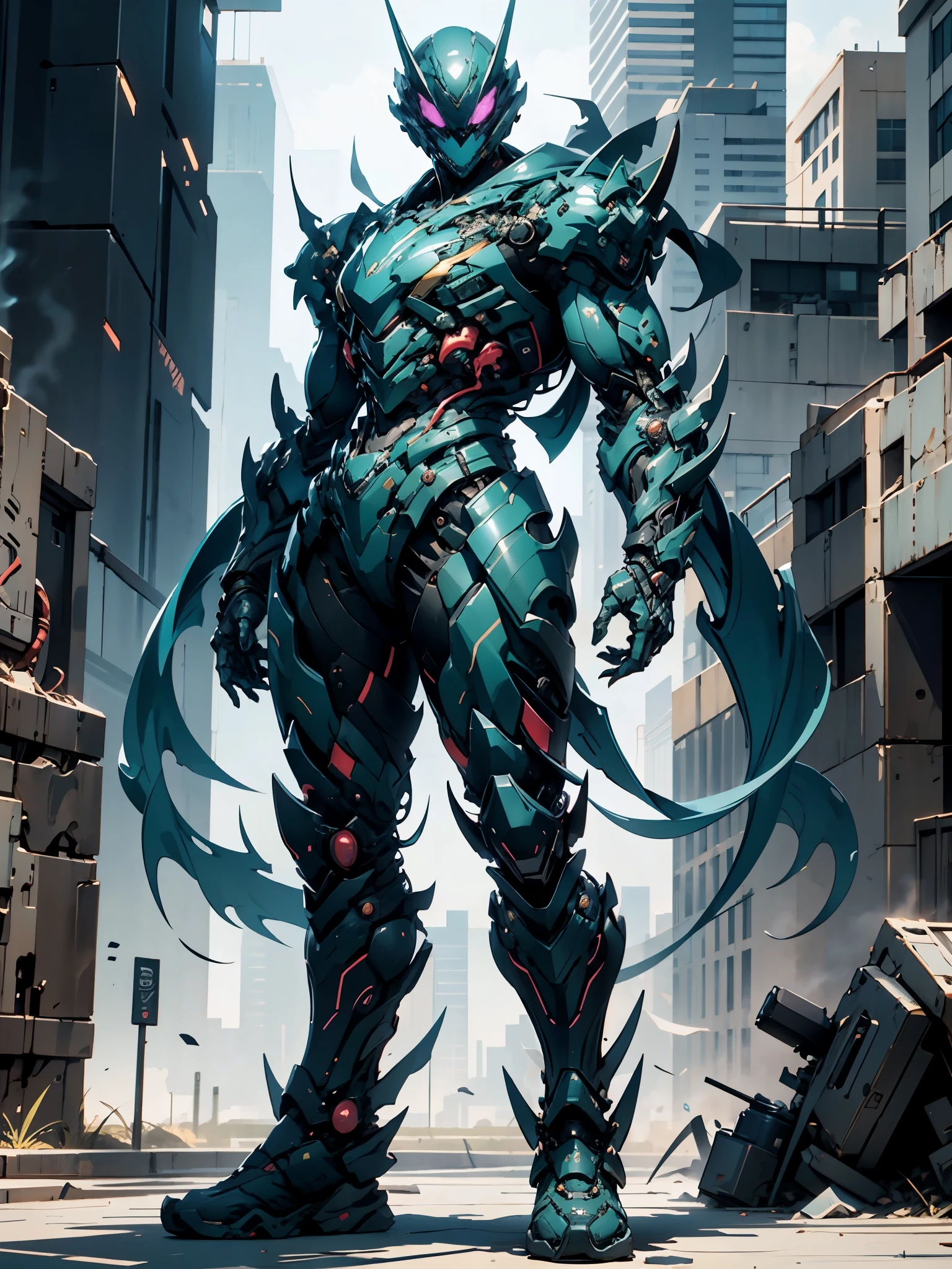 A super a high-tech biotech battle suit, standing on a rooftop, looking over the city, Japanese tokusatsu and American comic style, biometallic texture of the suit, sleek and shiny, dynamic, fast, natural light, cinematic, high quality, high resolution, high detail, sophisticated design, dramatic, high definition, ultra-detailed, ultra-fine painting, extremely delicate, creativity, Natural light, cinematic lighting, best shadow, masterpiece-anatomy-perfect