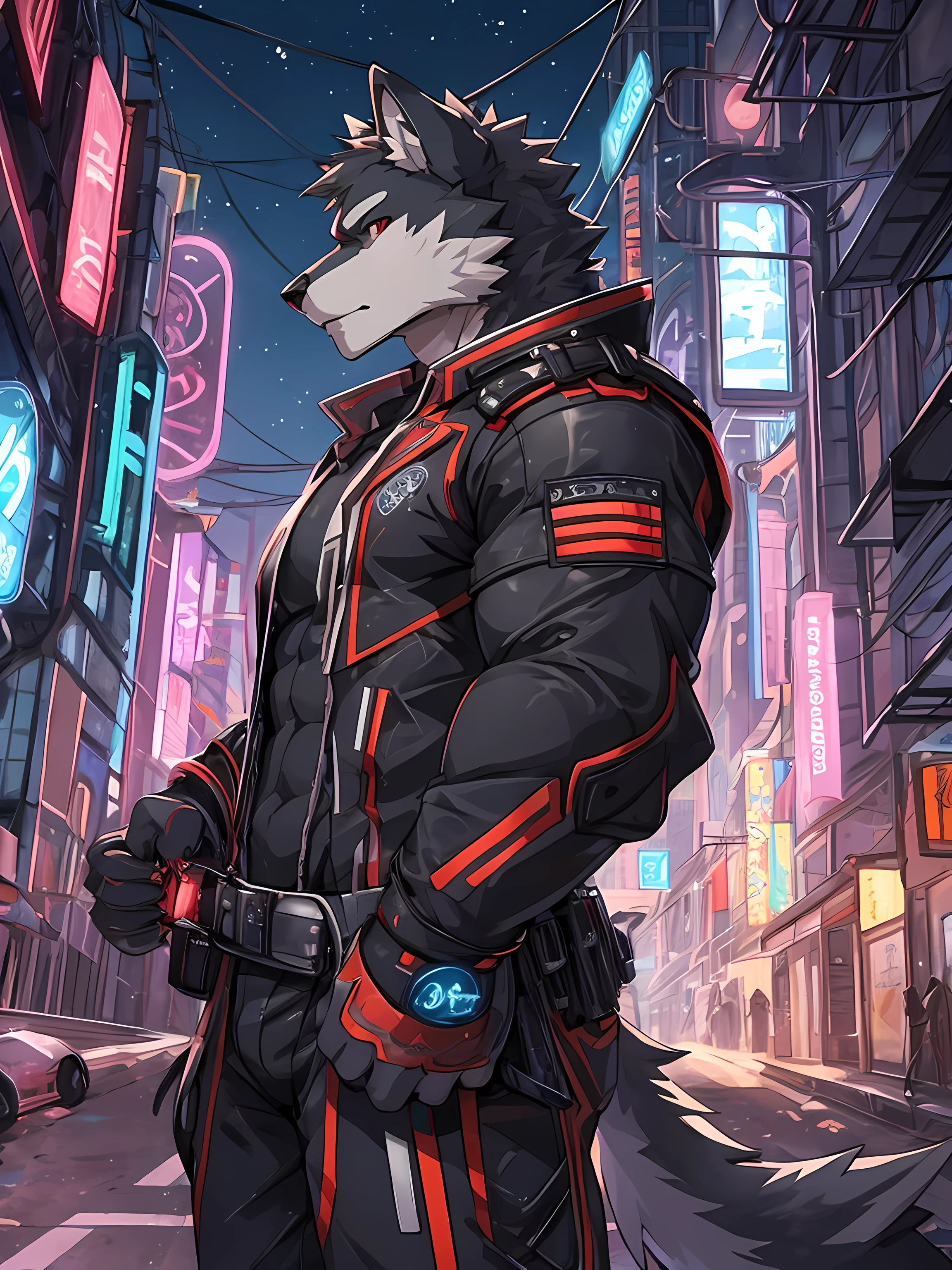 wolf,green fur,light red eyes,muscular 1.5,Wearing a cyberpunk style outfit.,standing on the roadside,The view is of a city in cyber punk 2..0,Side view 45°,