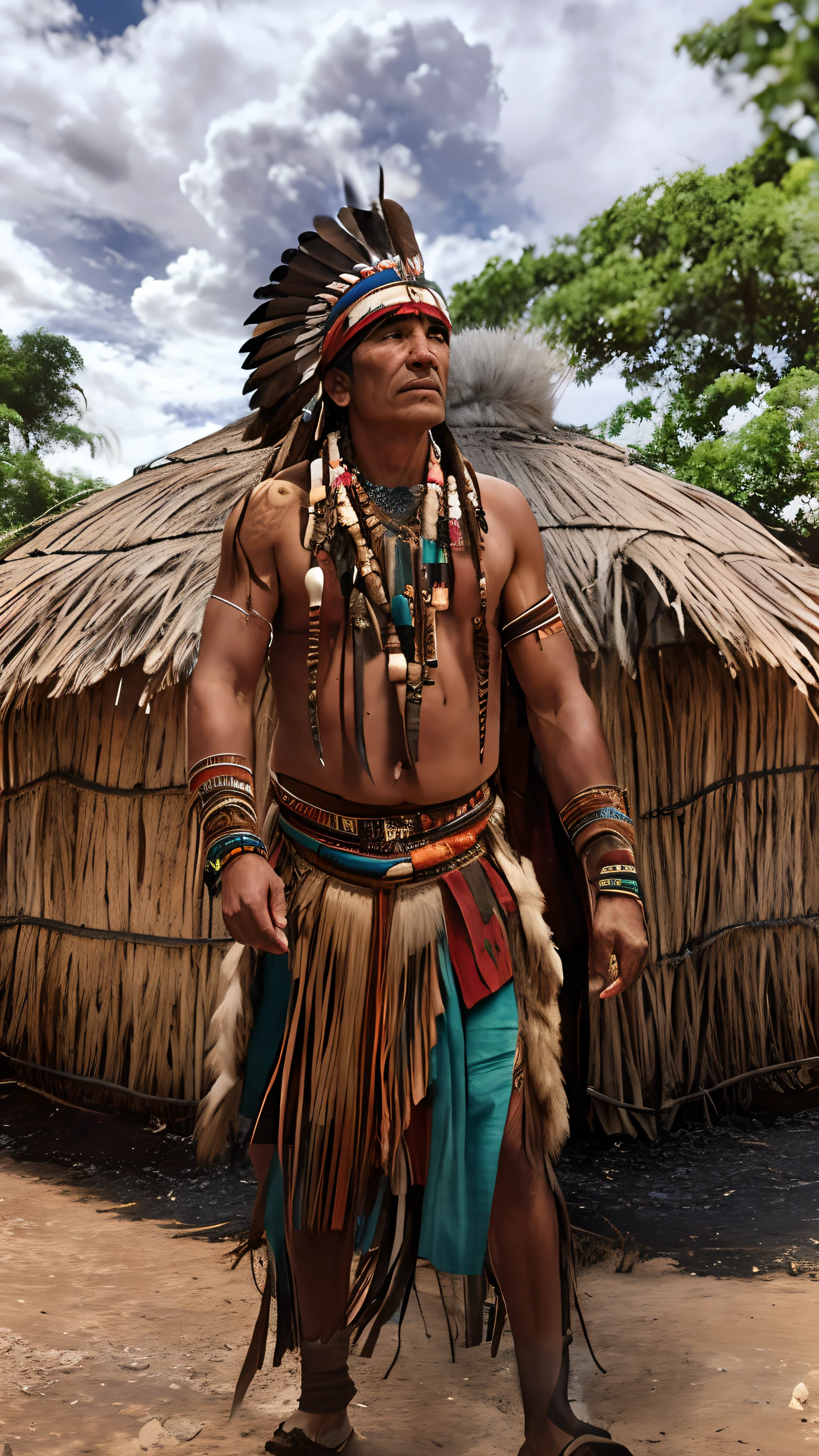 Arafed man in native costume standing in front of a hut, indigenous man, Um guerreiro nativo americano, Guerreiro nativo americano, roupas tribais, Indian warrior, Nativo americano, tribo antiga, Guerreiro habilidoso do Apache, ayahuasca shaman, guerreiro azteca, armadura tribal, : native american shamen fantasy, Indigenous, xamanismo, Guerreiro asteca