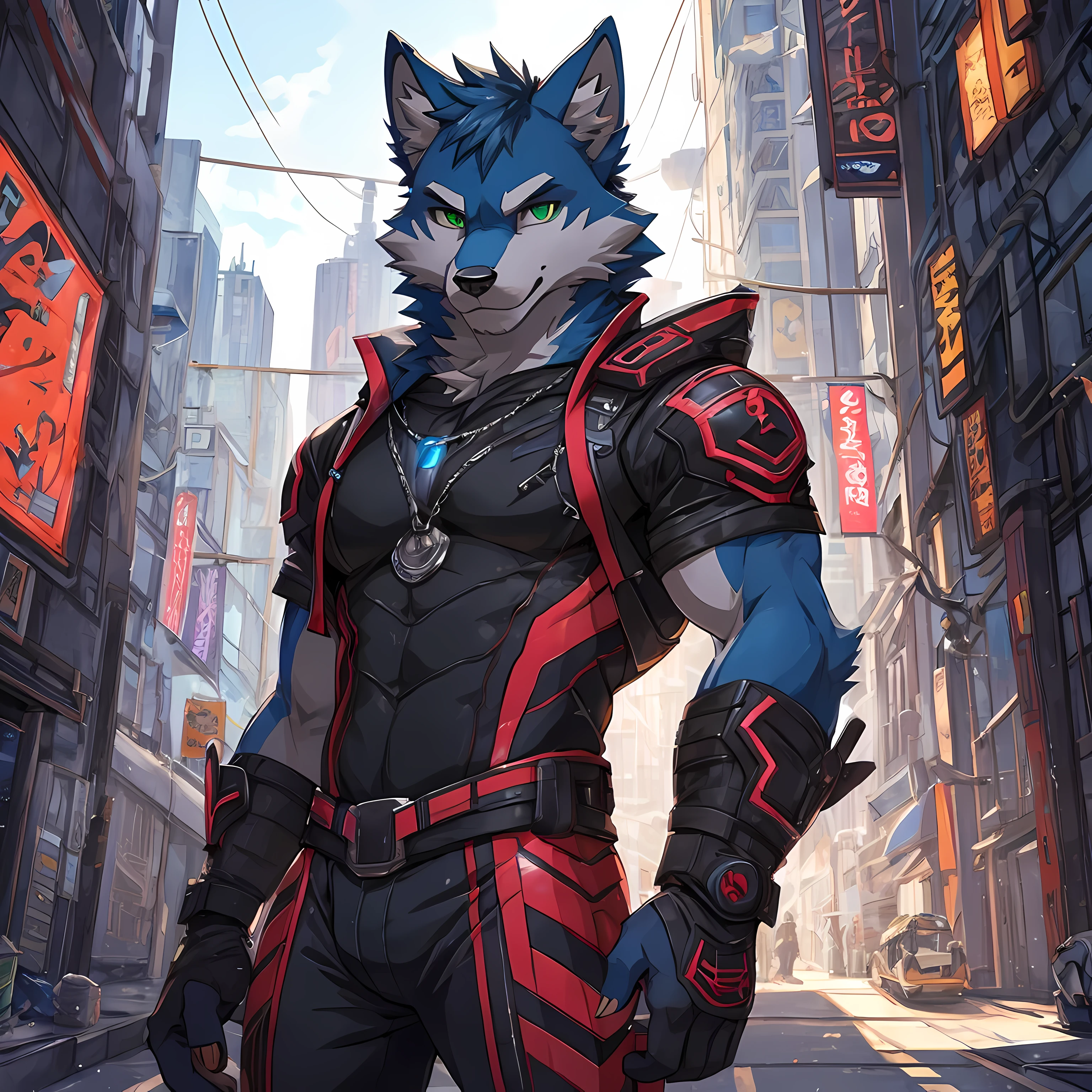 Solo,wolf,dark blue fur,green eyes,muscular 1.5,Wearing a cyberpunk style outfit.,standing on the roadside,The view is of a city in cyber punk 2..0,Looking straight at the viewer,seductive eyes,Beautiful light reflection,The best details,dynamic light,8K