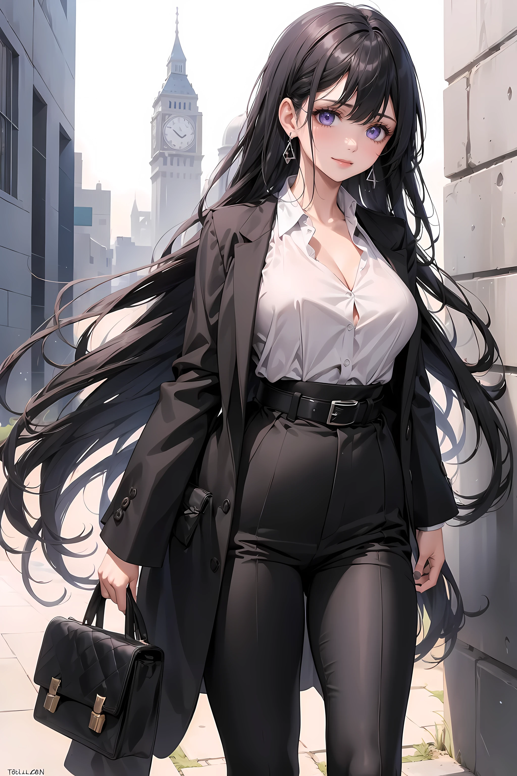 (1 girl:1.5),(best quality,4k,8k,high resolution,masterpiece:1.2),Super detailed,(actual,photoactual,photo-actual:1.37),black suit jacket,silver long hair,girl with red lips,girl in suit jacket,girl in elegant clothing,red lips,Perfect application for lipstick,(beautiful eyes:1.4),(White shirt:1.5),silver hair,purple eyes,faint smile,happy expression,highly refined skin,Stunning face,long eyelashes,black eyeliner,An artwork of,(black belt:1.2),White shirt,drop earrings,(regular suit:1.2),whole body