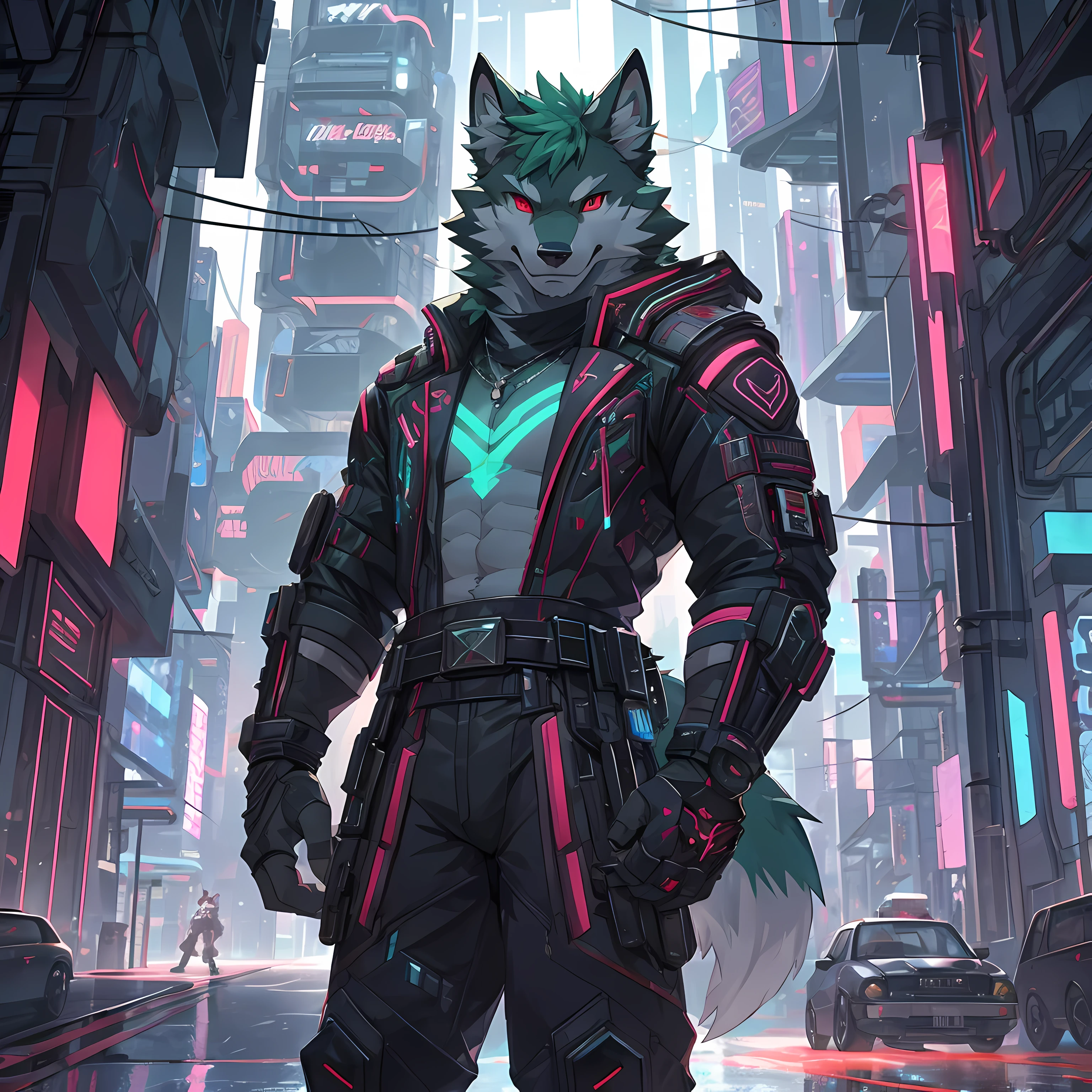 Solo,wolf,green fur,light red eyes,muscular 1.5,Wearing a cyberpunk style outfit.,standing on the roadside,The view is of a city in cyber punk 2..0,Half-body view,Looking straight at the viewer,seductive eyes,Beautiful light reflection,The best details,dynamic light,8K