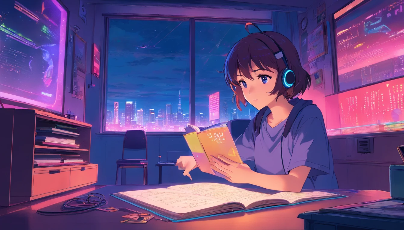 (zero), Girl studying in her room, reading a book, Wear headphones, , night lights, Neon landscape on a rainy day,Analog Color Theme, Lo-Fi Hip Hop , retrospective, flat, 2.5D ,Draw a line, Ink Drawing, Large slope, Watercolor painting, Goosch Colors, Studio Ghibli Style, Awesome colorful, Outer Ton, Synthwave, lofi art,90s style,Old texture, amplitude,90s vibe, masutepiece, Tremendous technology, 16:9 scale