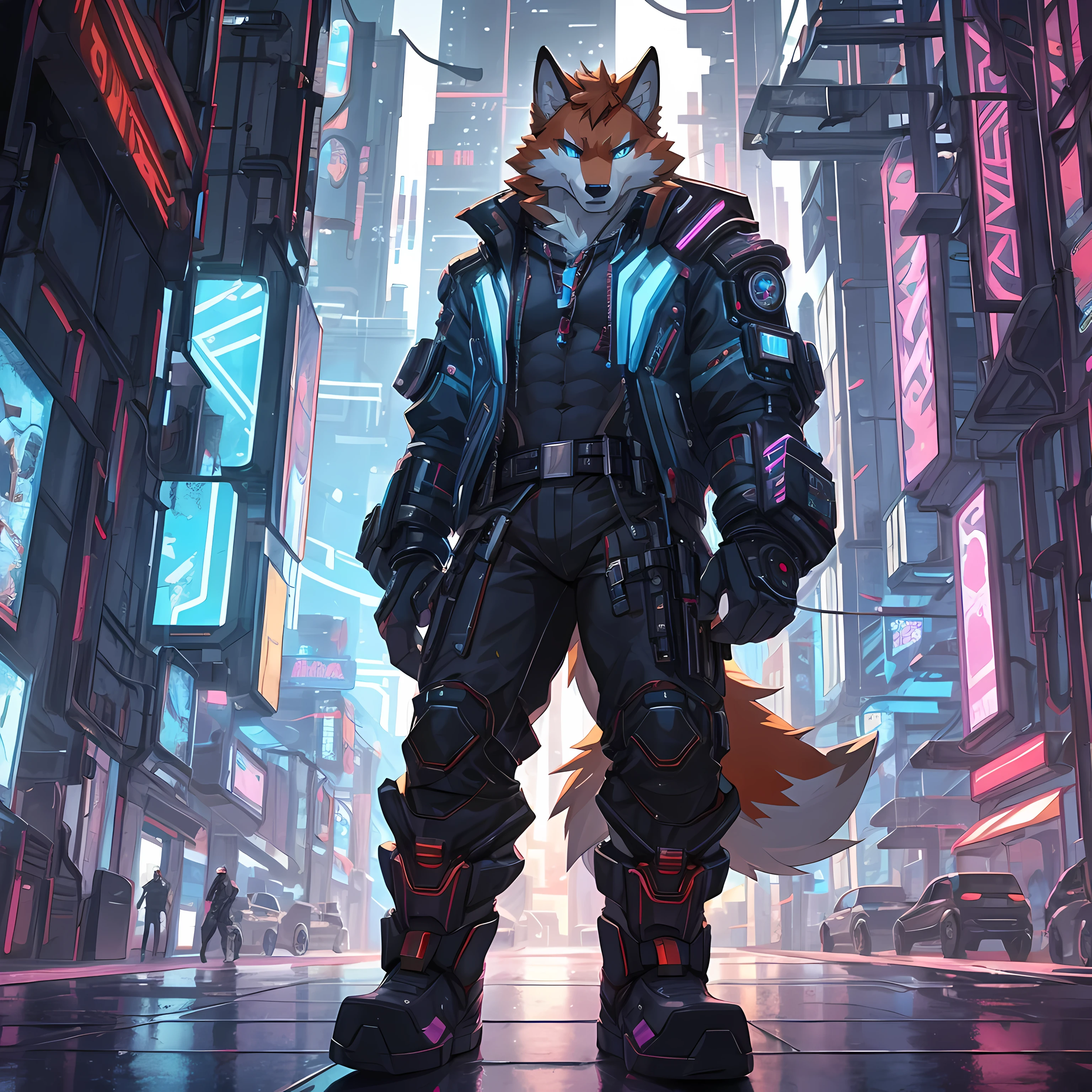 Solo,wolf,orange fur,light blue eyes,muscular 1.5,Wearing a cyberpunk style outfit.,standing on the roadside,The view is of a city in cyber punk 2..0,Half-body view,Looking straight at the viewer,seductive eyes,Beautiful light reflection,The best details,dynamic light,8K