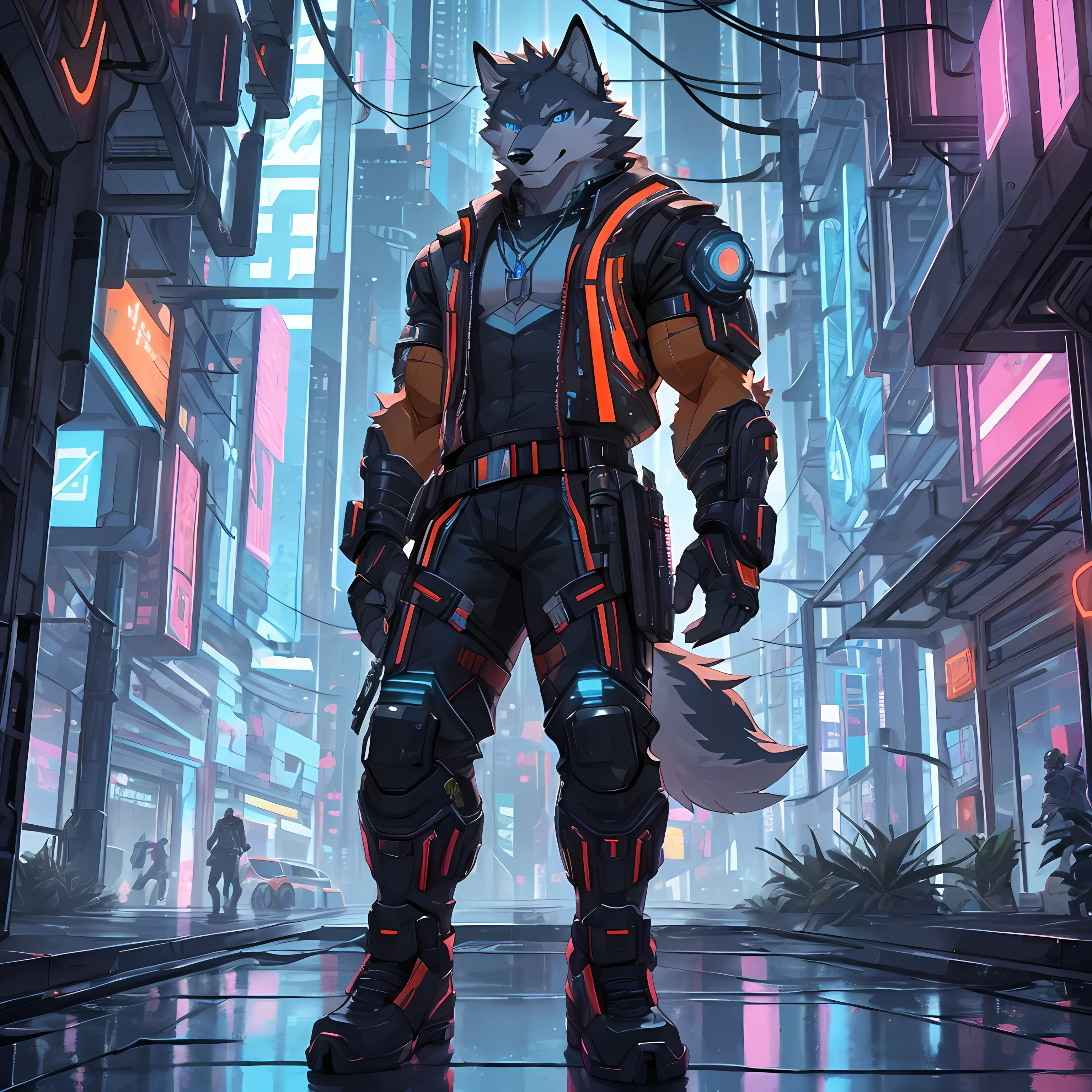 Solo,wolf,orange fur 2.0,light blue eyes,muscular 1.5,Wearing a cyberpunk style outfit.,standing on the roadside,The view is of a city in cyber punk 2..0,half body,Looking straight at the viewer,Seductive eyes,Beautiful light reflection,The best details,dynamic light,8K