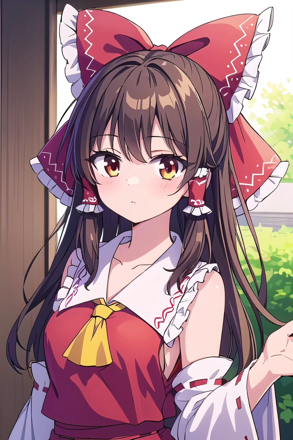 detailed background, masterpiece, best quality, 1girl, hakurei reimu, brown hair, hair tubes, hair ribbon, brown eyes, touhou project, white hair
