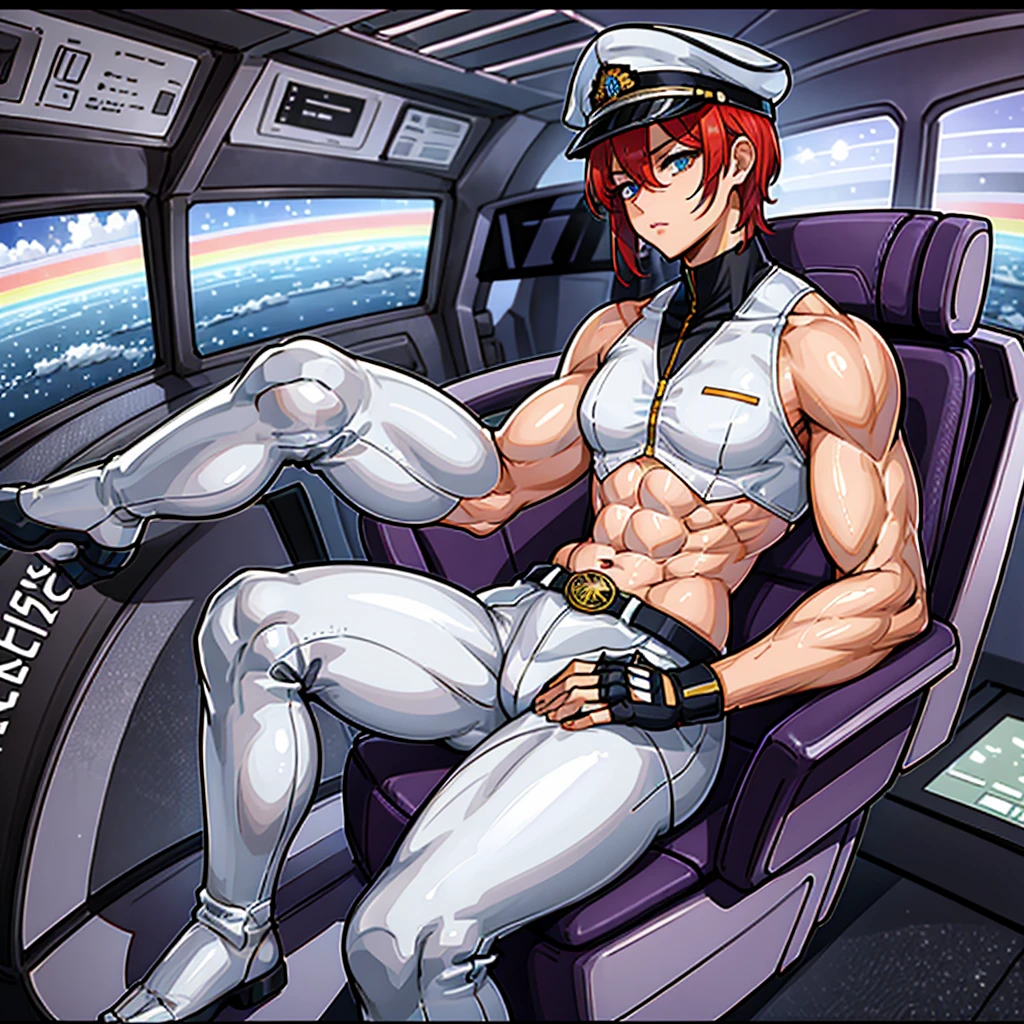 a photorealistic image of a young muscular bald handsome man from the future wearing transparent skintight turquoise and white space captain's uniform including a decorative jockstrap, dynamic pose