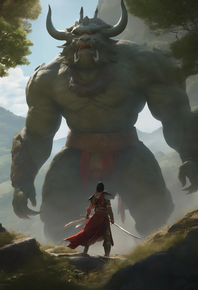a highly detailed matte painting of a xianxia warrior on a hill facing up a giant monster, by makoto shinkai, by artgerm, by wlop, by greg rutkowski, volumetric lighting, octane render, 4k resolution, trending on artstation, masterpiece