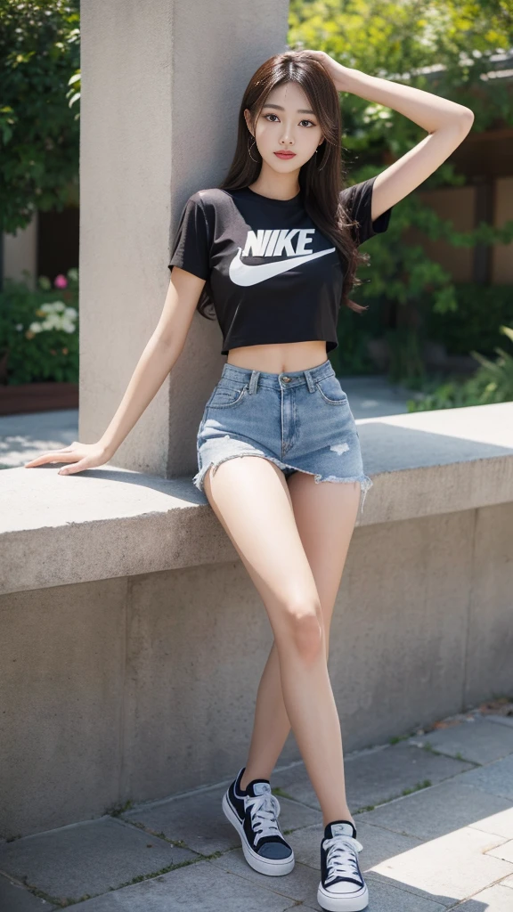 woman, Age 20-25 years, Can see the whole body, Nike T-shirt, short jeans skirt，Height 1.8 meters，Long hair to the waist，Huge breasts, big breast, small waist, flat stomach, wide hips, small thighs, Long, slender legs, canvas shoes，Beautiful makeup, bright red lips, perfect body, highest resolution, The harmony of the photo, Great picture composition