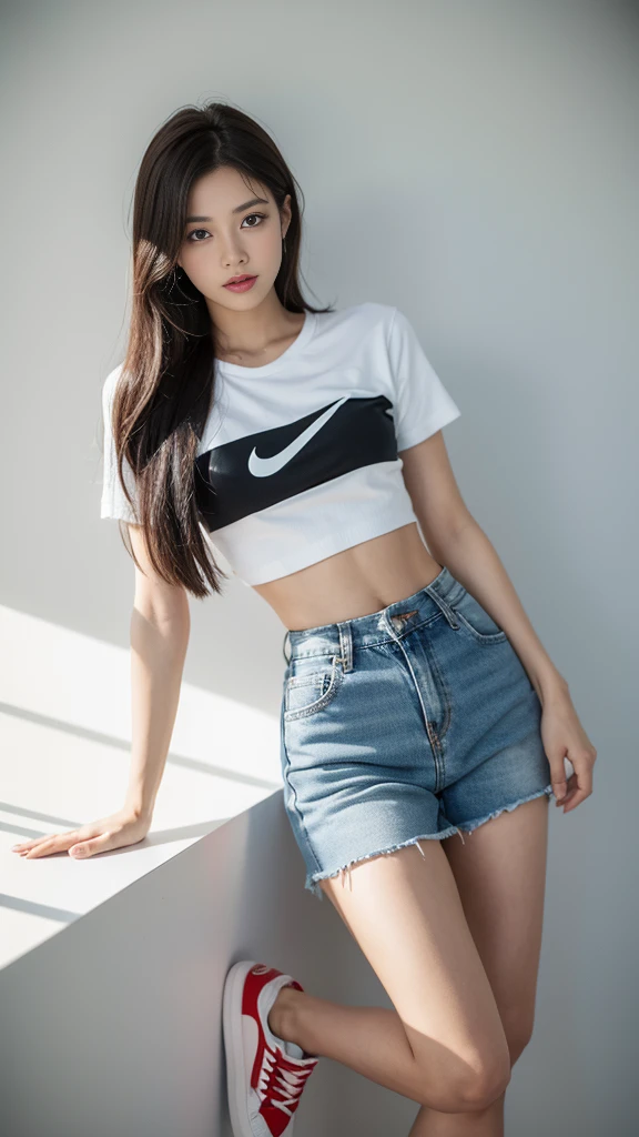 woman, Age 20-25 years, Can see the whole body, Nike T-shirt, short jeans skirt,Height 1.8 meters,Long hair to the waist,Huge breasts, big breast, small waist, flat stomach, wide hips, small thighs, Long, slender legs, canvas shoes,Beautiful makeup, bright red lips, perfect body, highest resolution, The harmony of the photo, Great picture composition
