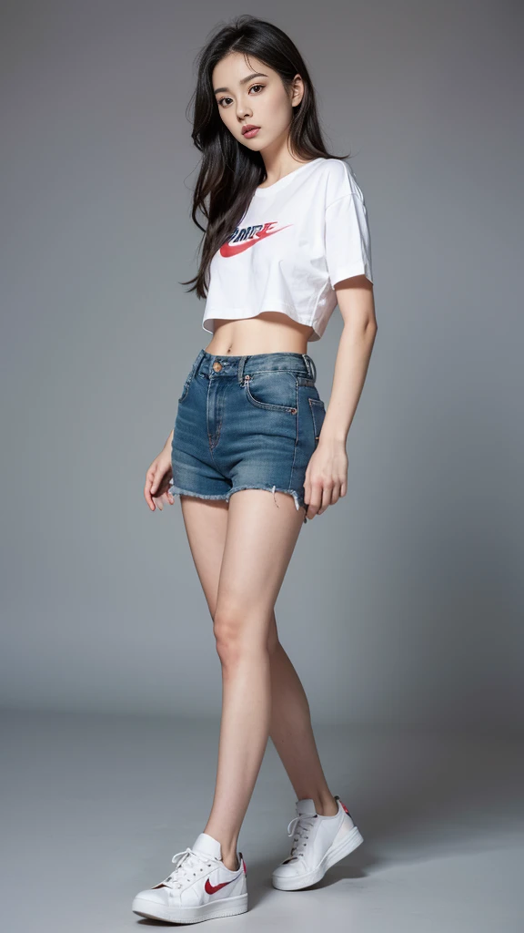 woman, Age 20-25 years, Can see the whole body, Nike T-shirt, short jeans skirt,Height 1.8 meters,Long hair to the waist,Huge breasts, big breast, small waist, flat stomach, wide hips, small thighs, Long, slender legs, canvas shoes,Beautiful makeup, bright red lips, perfect body, highest resolution, The harmony of the photo, Great picture composition
