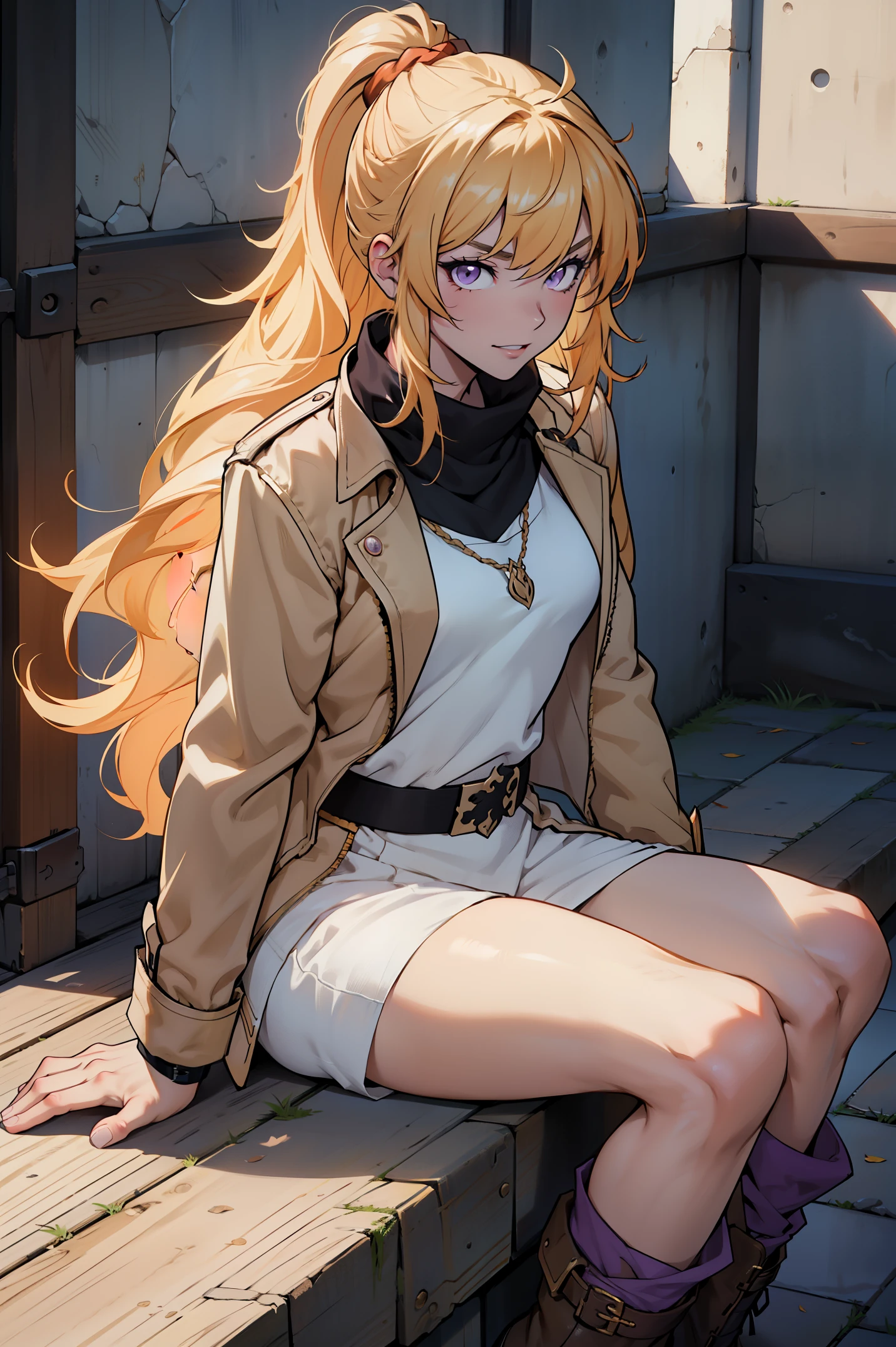 Yang Xiao Long, melhor qualidade)), ((obra-prima)), (altamente detalhado:1.3), a 30 years old woman with a mischievous and sexy expression, ((com volumosos cabelos ondulados)), With peach blonde bangs and purple eyes and voluminous lips, cabelo sobre um olho, golden hair, long hair up to the waist, 30 years old, (1girl), ((very small breasts)), (beige dufflecoat), (white dress, knit dress), (no pants, bare thigh), black boots, laugh, upper body, sitting on floor