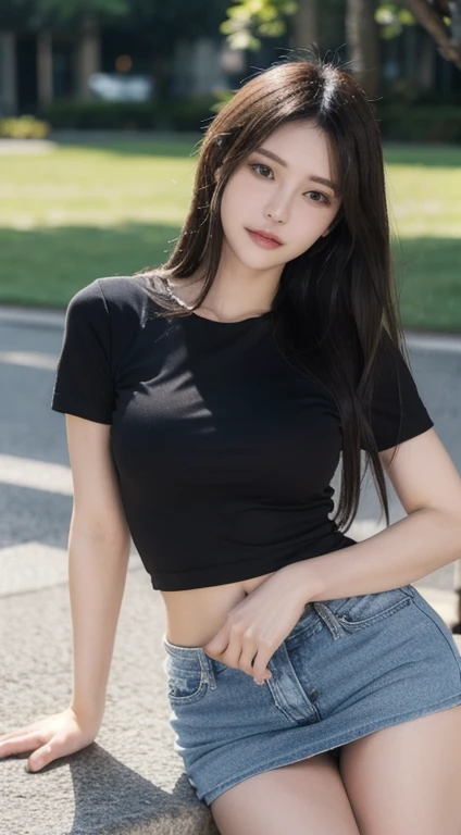 ((Highest quality, 8ก, Masterpiece: 1.3)), Sharp focus: 1.2, Beautiful women in perfect style: 1.4, Slender stomach: 1.2, (หน้าอกbigโต, Breast augmentation, เต้านมbig, นมbig), ((dark brown hair, big: 1.4)), Angel Face, detailed face, beautiful girl, cute, Short T-shirtสีขาว, Short T-shirt, Short denim skirt, Short denim skirt, Short denim skirt, during, Waikiki Beach: 1.2, palm tree, (front shot), (full length photo: 1.3,), Highly detailed facial and skin textures, Detailed eyes, Double eyelids