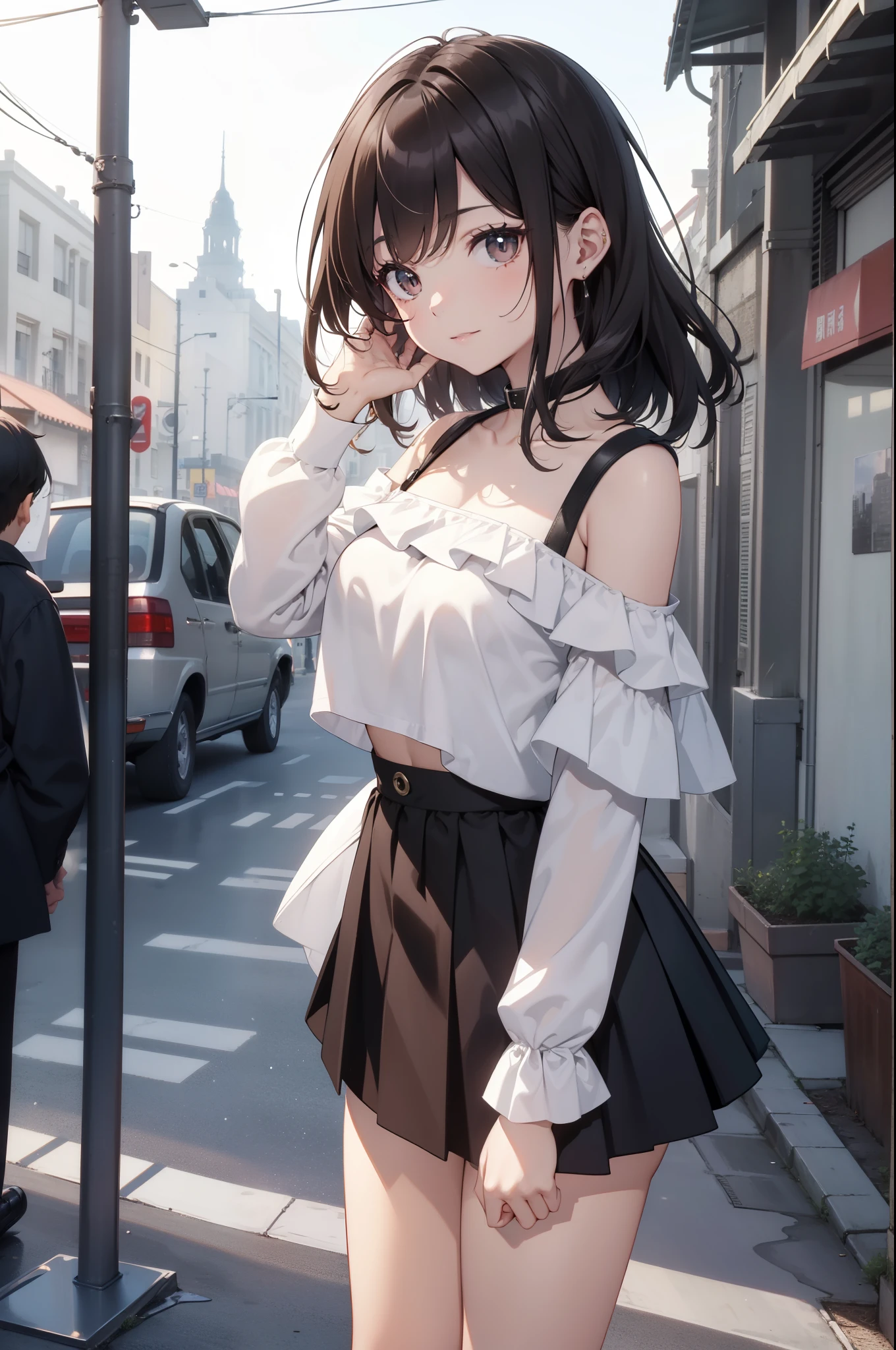 masterpiece, quality, ultra high definition, highest resolution, Very detailed, professional lighting, gray light lighting、low angle from below、(Street view of the old city in 1980)、blow steam over the landscape、fog in landscape、it's foggy、beautiful女人, a small face、white skinned、a very cute one、、bright smile、(black hair、childish、Round short)、(Off-shoulder white blouse、open collar shirt,student shoes)、Slender and long beautiful hip line、beautiful脊椎、Contract your back、toned waist、black underwear、JK black skirt 、tight pleated skirt、Hip line emphasizes dark brown eyes,Face a little red, beautiful、It's A cup、perfect hands、