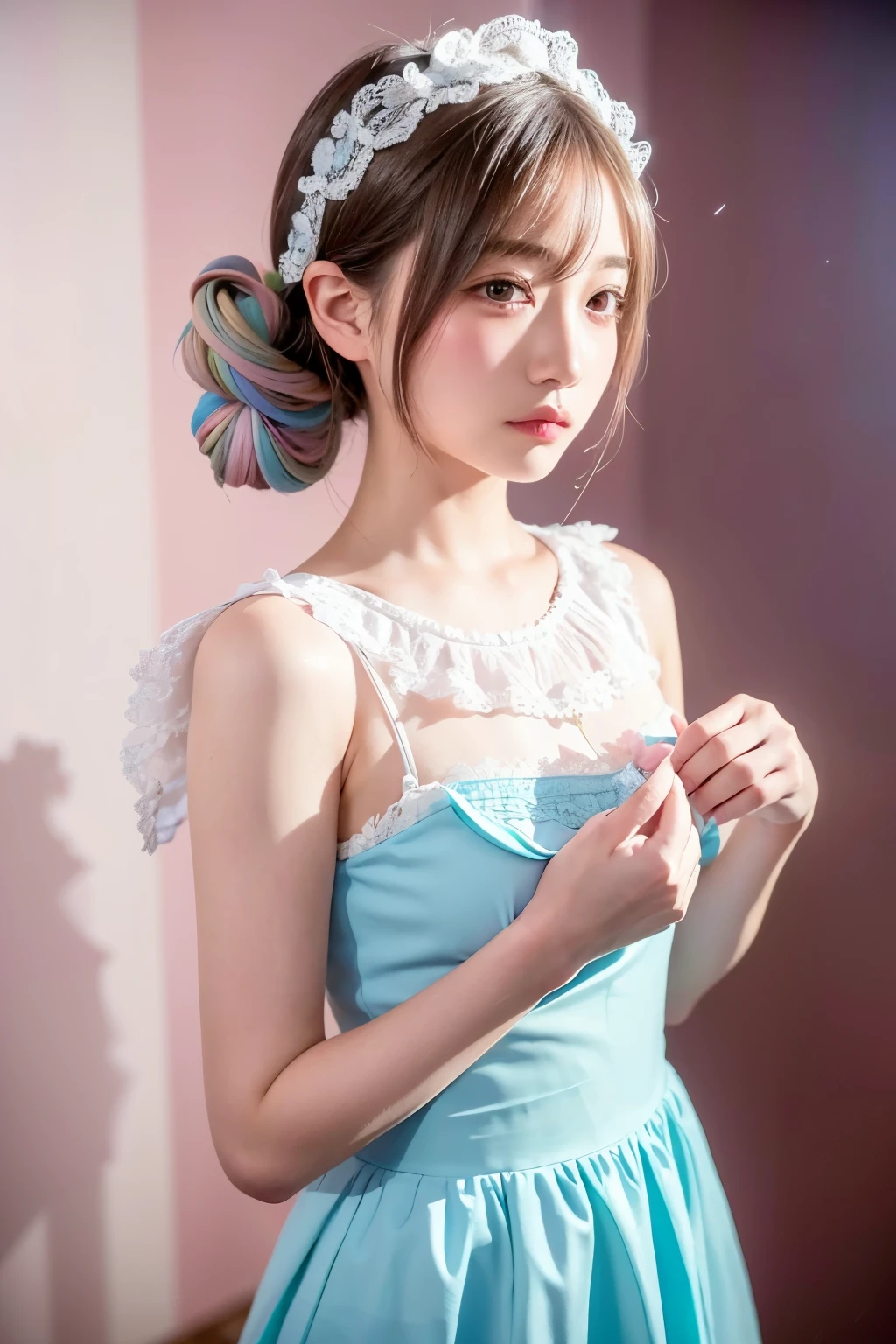 (masterpiece:1.4, best quality), (intricate details), unity 8k wallpaper, ultra detailed, (pastel colors:1.3), (lace) clothes, beautiful and aesthetic, 1girl, body covered in words, words on body, ink, detailed, solo,
