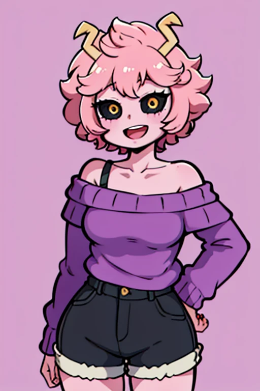 mina ashido, 1girl, solo, looking at viewer, smile, short hair, open mouth, simple background, long sleeves, white background, bare shoulders, collarbone, yellow eyes, pink hair, :d, heart, cowboy shot, horns, shorts, off shoulder, sweater, hand on hip, v, colored skin, black shorts, colored sclera, black sclera, off-shoulder sweater, pink skin, v over eye, purple sweater