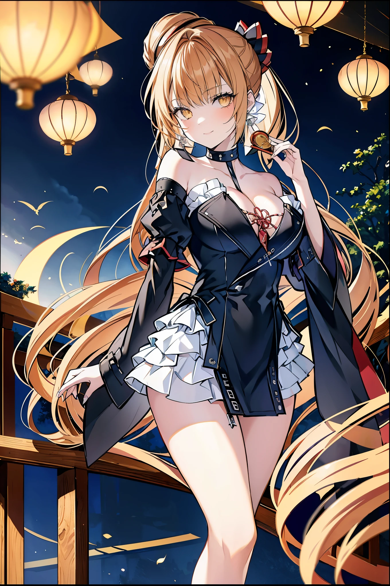 2 girls, (wavy ponytail, hair on shoulders, very long hair, very thick hair), Blonde or gray hair with beautiful detailed eyes, golden eyes, star-shaped pupil, diamond shaped pupil), smile, Happy , big breasts, cleavage, crescent moon earrings, goddess of casual clothes, 2 pairs of beautiful detailed jeweled leather collars with wings), (hair flower hairpin), Exploiting lens flares, chromatic aberration, high detail, anime, romanticism, About art, Depth of the bounds written, motion blur, shining light, film grain, UHD, retina, Accurate, masterpiece, anatomically correct, rough skin, Super detailed, high details, high quality, Awards, 最high quality, High resolution, 16K, put your hands behind your back