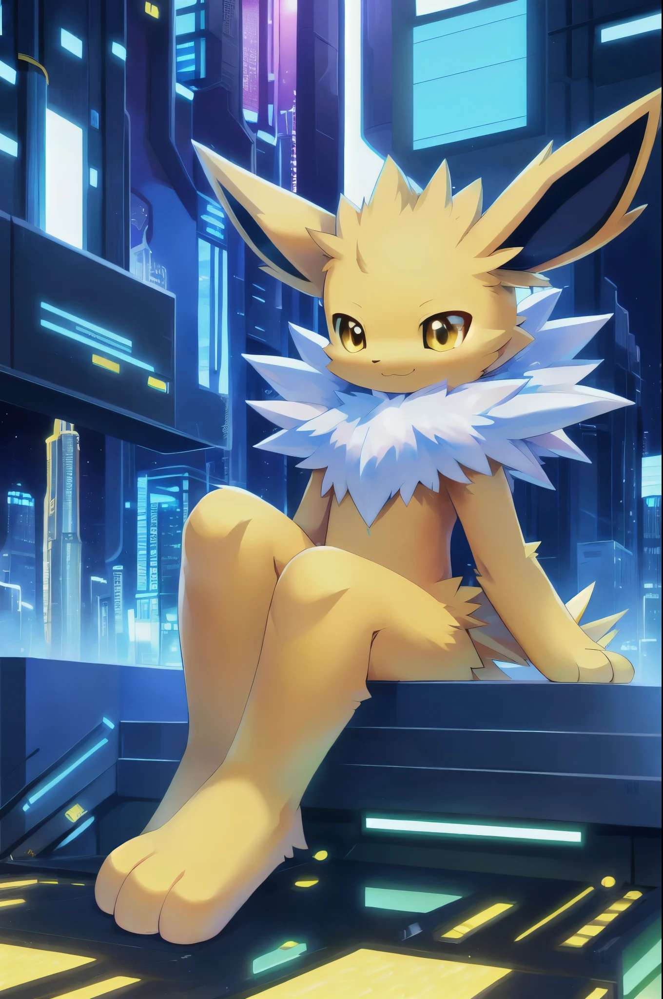 Jolteon, anthro, young, yellow body fur, yellow eyes, detailed body fur, detailed face, detailed eyes, glistering body, shiny body, gorgeous body, masterpiece, high quality, feets whit three toes, sitting, cyber city, electric, clear sky, :3, full body, 