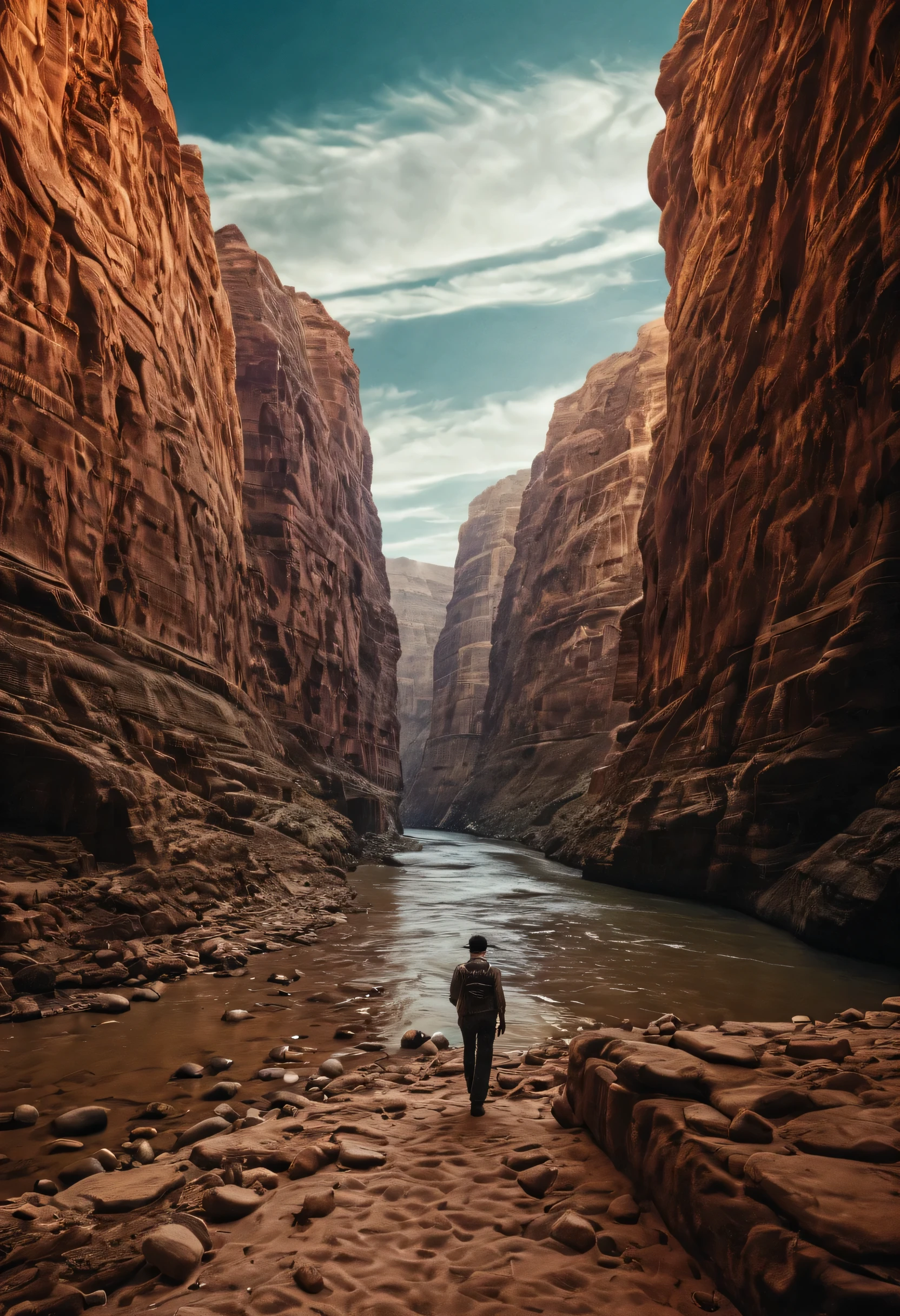 desert canyon, Portrait of ancient traveler, Huge and majestic river, Charming super high quality, extremely beautiful, Surreal,masterpiece, masterpiece, masterpiece, high contrast, tonal contrast, movie stills, movie angle, movie lighting, Stunning fantasy sky background details,