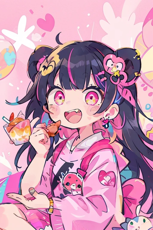 1girl,solo,jewelry,ring,colorful,multicolored hair,multicolored eyes,open mouth,pink eyes,hair ornament,black hair,pink hair,earrings,heart,bangs,looking at viewer,teeth,food,animal ears,sticker,