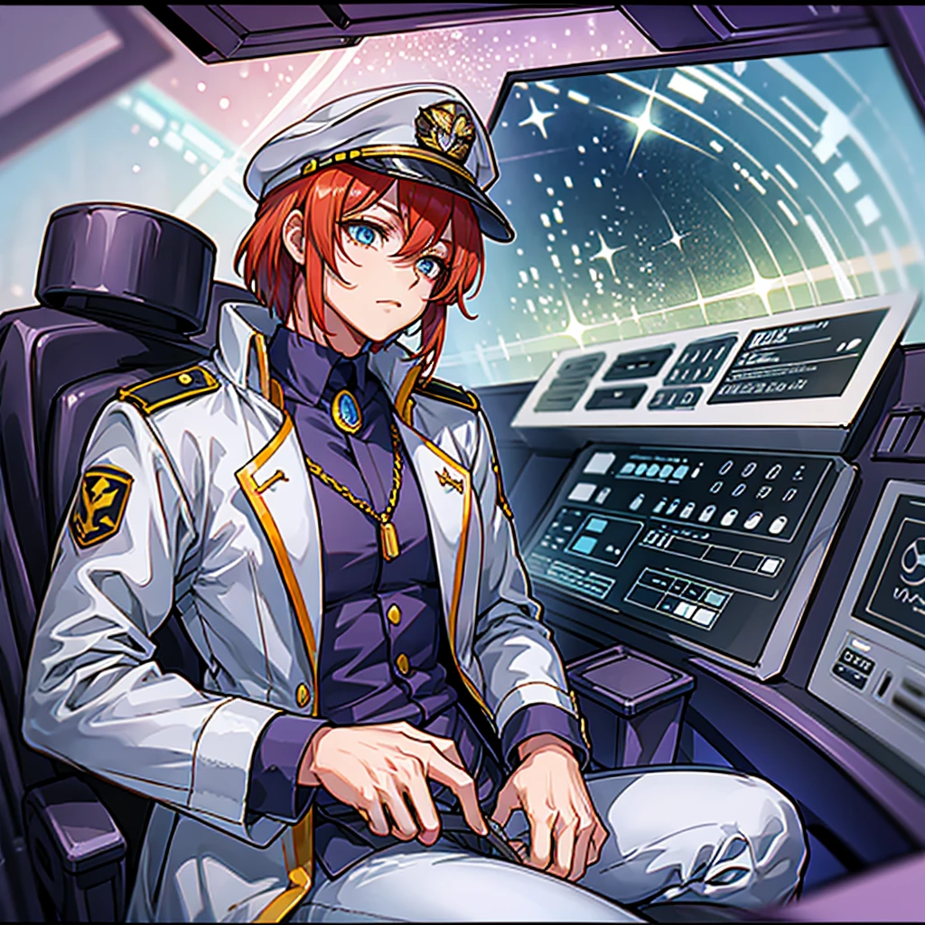 （（（masterpiece、Highest image quality、highest quality、highly detailed unity 8ｋwallpaper）））、（Illustration of one woman、Beauty、30 years old）、（Viceroy）、（（Red-haired shorthair、sidelocks、blue eyes））、（（tall、stocky build, thickset physique, muscular legs, broad shoulders, solid chest））、（（Military uniforms、Military Cap、Military coat））、（white clothes、White pants、white hat）、trench coat、（（（manspreading、Sitting in the captain's seat）））、（（（Inside a futuristic spaceship、Surrounded by instruments and monitors、The Universe on the Monitor、Earth seen from space）））