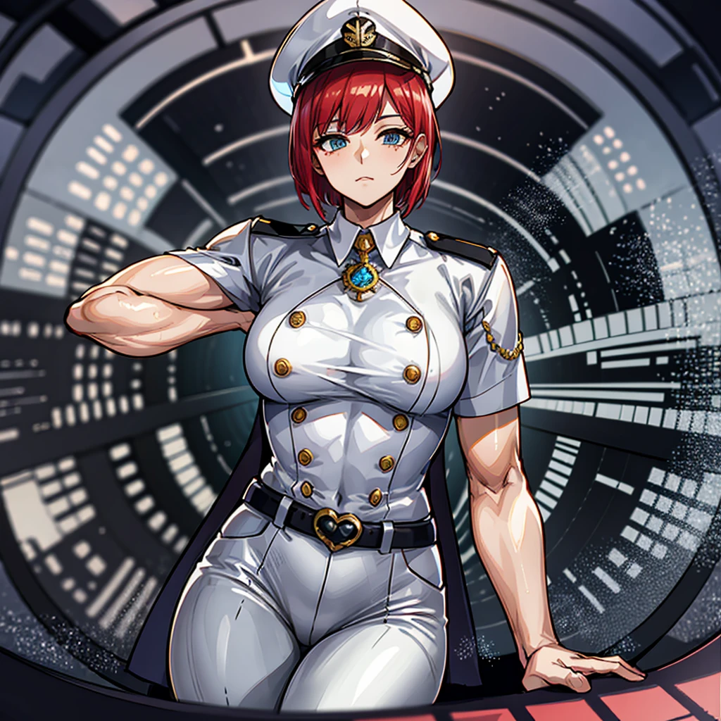 (((masterpiece、Highest image quality、highest quality、highly detailed unity 8kwallpaper)))、(Illustration of one woman、Beauty、30 years old)、(Viceroy)、((Red-haired shorthair、sidelocks、blue eyes))、((tall、stocky build, thickset physique, muscular legs, broad shoulders, solid chest))、((Military uniforms、Military Cap、Military coat))、(white clothes、White pants、white hat)、trench coat、(((manspreading、Sitting in the captain's seat)))、(((Inside a futuristic spaceship、Surrounded by instruments and monitors、The Universe on the Monitor、Earth seen from space)))