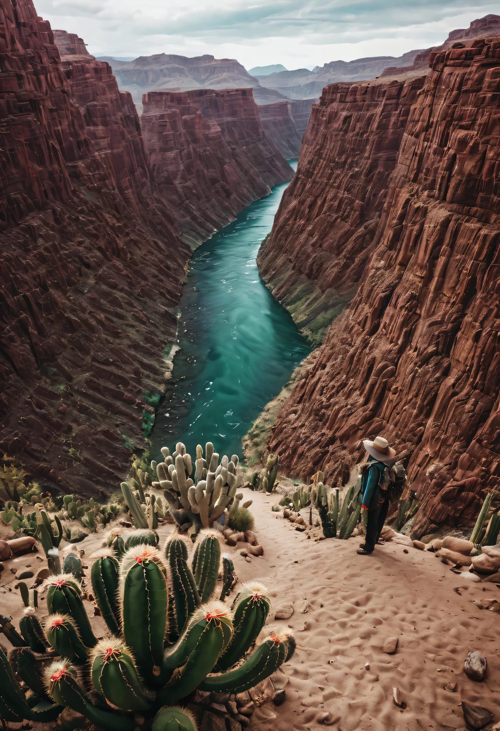 desert canyon, Portrait of ancient traveler, cactus, Huge and majestic river, Charming super high quality, extremely beautiful, Surreal,masterpiece, masterpiece, masterpiece, high contrast, tonal contrast, movie stills, movie angle, movie lighting, Stunning fantasy sky background details,desert canyon