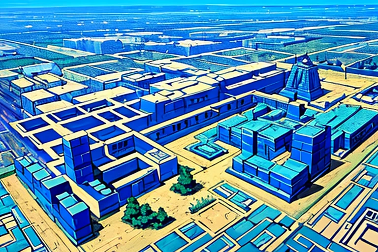 (masterpiece), (blue ancient sumerian city made of blue stone bricks), (blue stone bricks), sprawling city, buildings