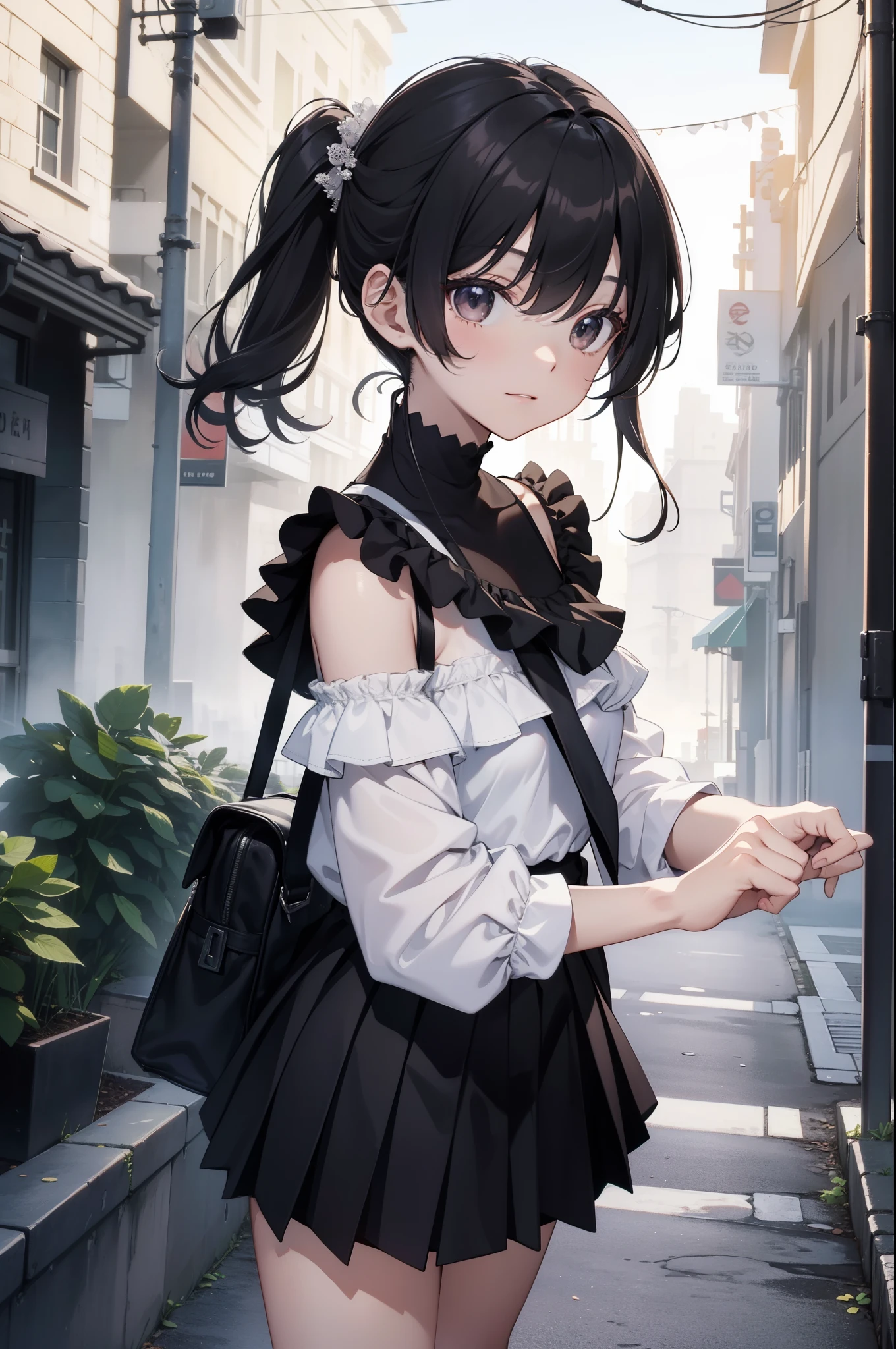 masterpiece, quality, ultra high definition, highest resolution, Very detailed, professional lighting, gray light lighting、low angle from below、(Street view of the old city in 1980)、blow steam over the landscape、fog in landscape、it's foggy、beautiful女人, a small face、white skinned、a very cute one、17 years old、bright smile、(black hair、childish、Round short)、(Off-shoulder white blouse、Ruffled miniskirt,student shoes)、Slender and long beautiful hip line、beautiful脊椎、Contract your back、toned waist、black underwear、JK black skirt 、tight pleated skirt、Hip line emphasizes dark brown eyes,Face a little red, beautiful、It's A cup、perfect hands、