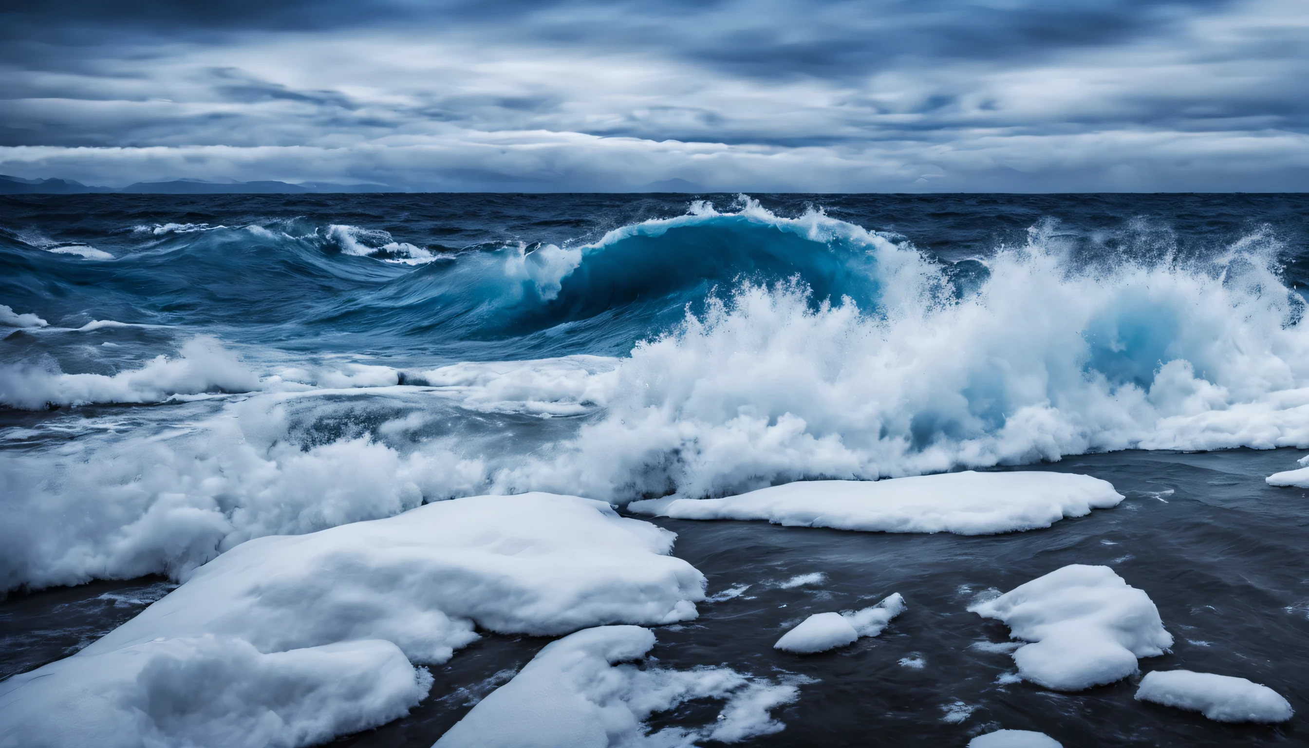 arafed view of a blue ocean with blue waves crashing and snow winter, falling snow, snowy, beautiful winter,, chaotic sea setting, breathtaking composition, beautiful sea landscapes, stunning ocean, magnificent background, beautiful background, beautiful dreamy breathtaking, beautiful blue ocean