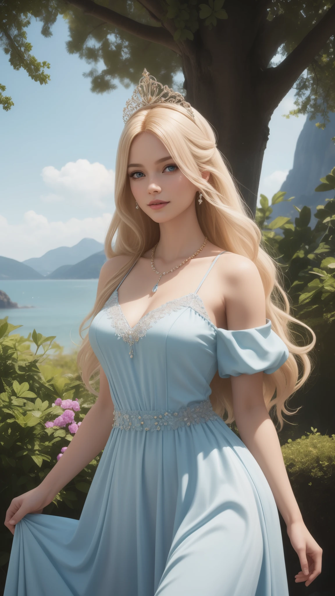 blond (Barbie) princess walking on a (runway), Delicate detailed face, animated, detailed white skin texture, long golden hair, adorable, Clean, wide smile, glowing blue eyes, blue colored pupil, (silky pink dress), luxurious tiara, gloss, fresh flowers, (landscape), (ocean), mountains, pine forest, centered golden frame, center, necklaces, pearls, Disney style, high resolution, official art, unreal-engine, high dynamic range, OctaneRender, (render), cinema4d, sun ray, porcelaine, looking at viewer, depth of field, from below, masterpiece, 8K, best quality, anatomically correct, close view,