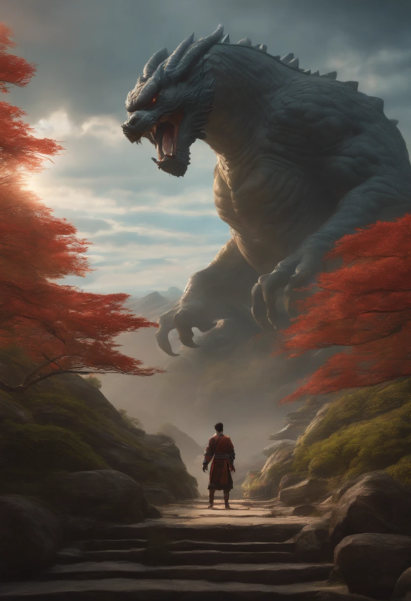 a highly detailed matte painting of a kungfu warrior on a hill facing up a giant alien monster, by makoto shinkai, by artgerm, by wlop, by greg rutkowski, volumetric lighting, octane render, 4k resolution, trending on artstation, masterpiece