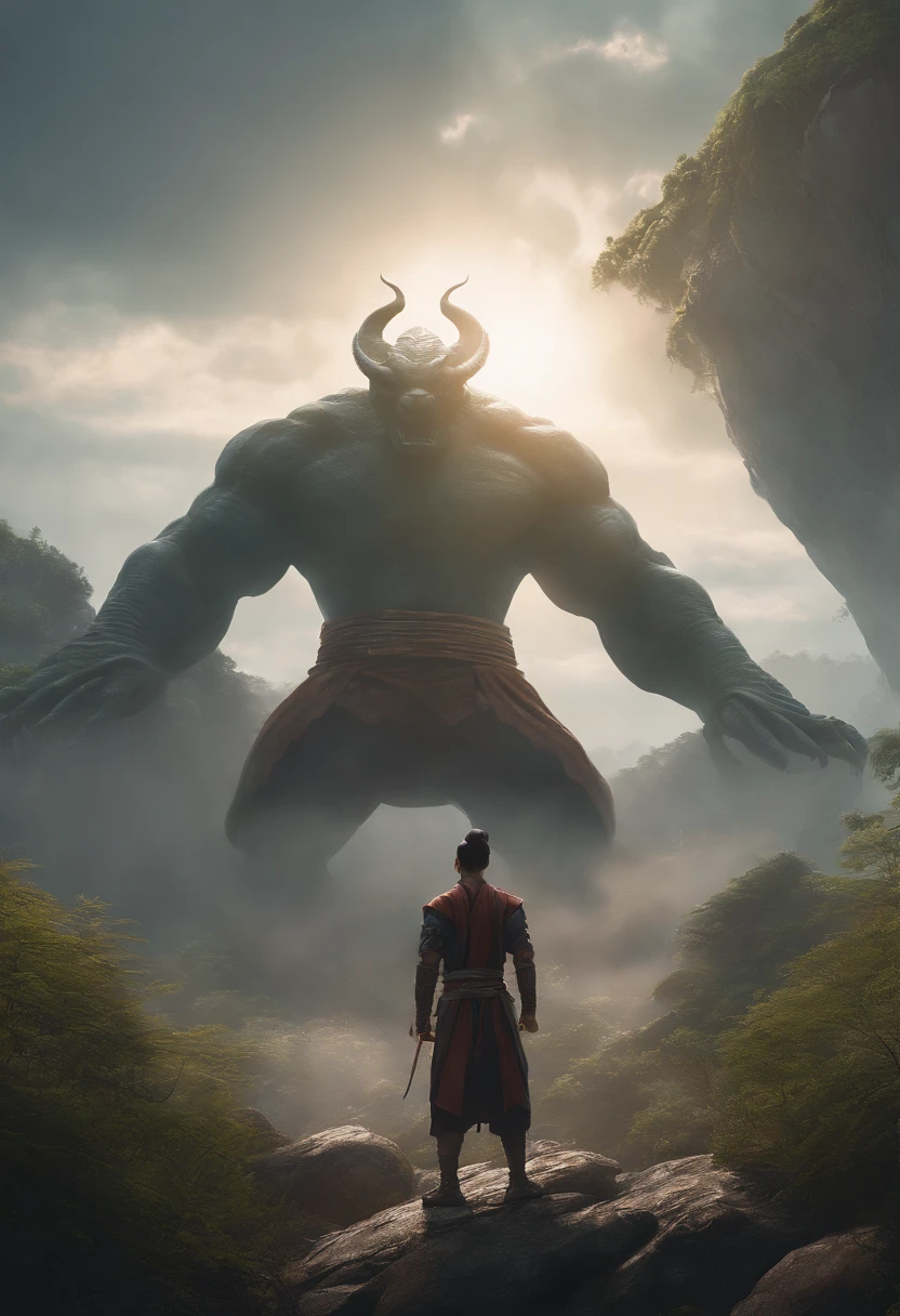 a highly detailed matte painting of a kungfu warrior on a hill facing up a giant alien monster, by makoto shinkai, by artgerm, by wlop, by greg rutkowski, volumetric lighting, octane render, 4k resolution, trending on artstation, masterpiece