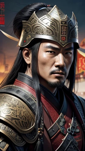 oriental、man in ancient chinese armor、Ancient Chinese man wearing a leather helmet、three kingdom、multiple warlords、highest quality、masterpiece、ultra high resolution、(realistic:1.4)、Game Posters、Clear and beautiful image quality、