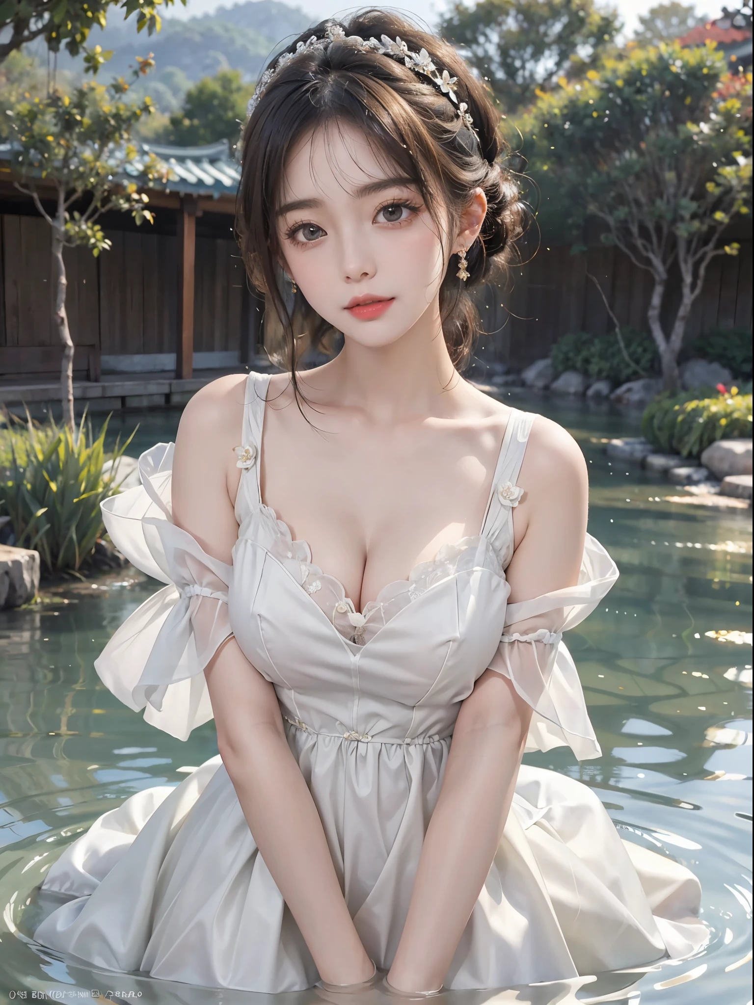 Sweet girl clothes10,korean dress,, (top quality、8K、Masterpiece:1.2)、(Photorealistic:1.2)、ultra high resolution、Stunning fine details、The facial details are particularly rich、The details of the eyes are super delicate、(Realism:1.3)、A very beautiful lady with real facial proportions、solo、huge tits:1.1、cleavage、slime、a short bob、hot springs:1.3、cosmetic:0.4、(lip gloss、depth of field、Caustics、natural shadow)、(Bokeh DOF:1.3)、Staring at the audience with goddess-like tranquility and happiness