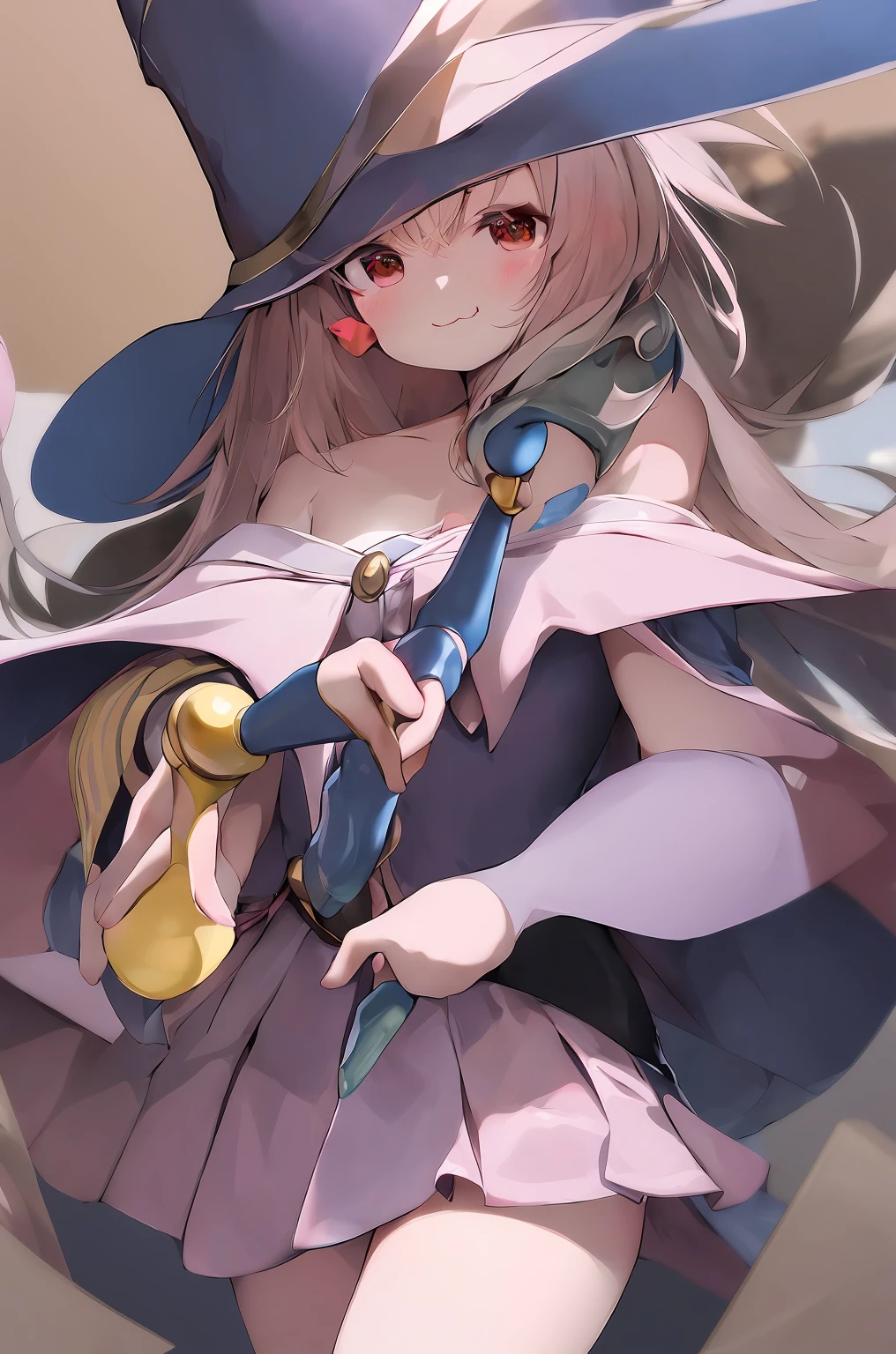 masterpiece, best quality, high resolution, Hydroxymethyldimethylformamide 1, wizard hat, blush, blush stickers, split, bare shoulders, skirt, Off the shoulders, cowboy shooting, holding a wand, :3,