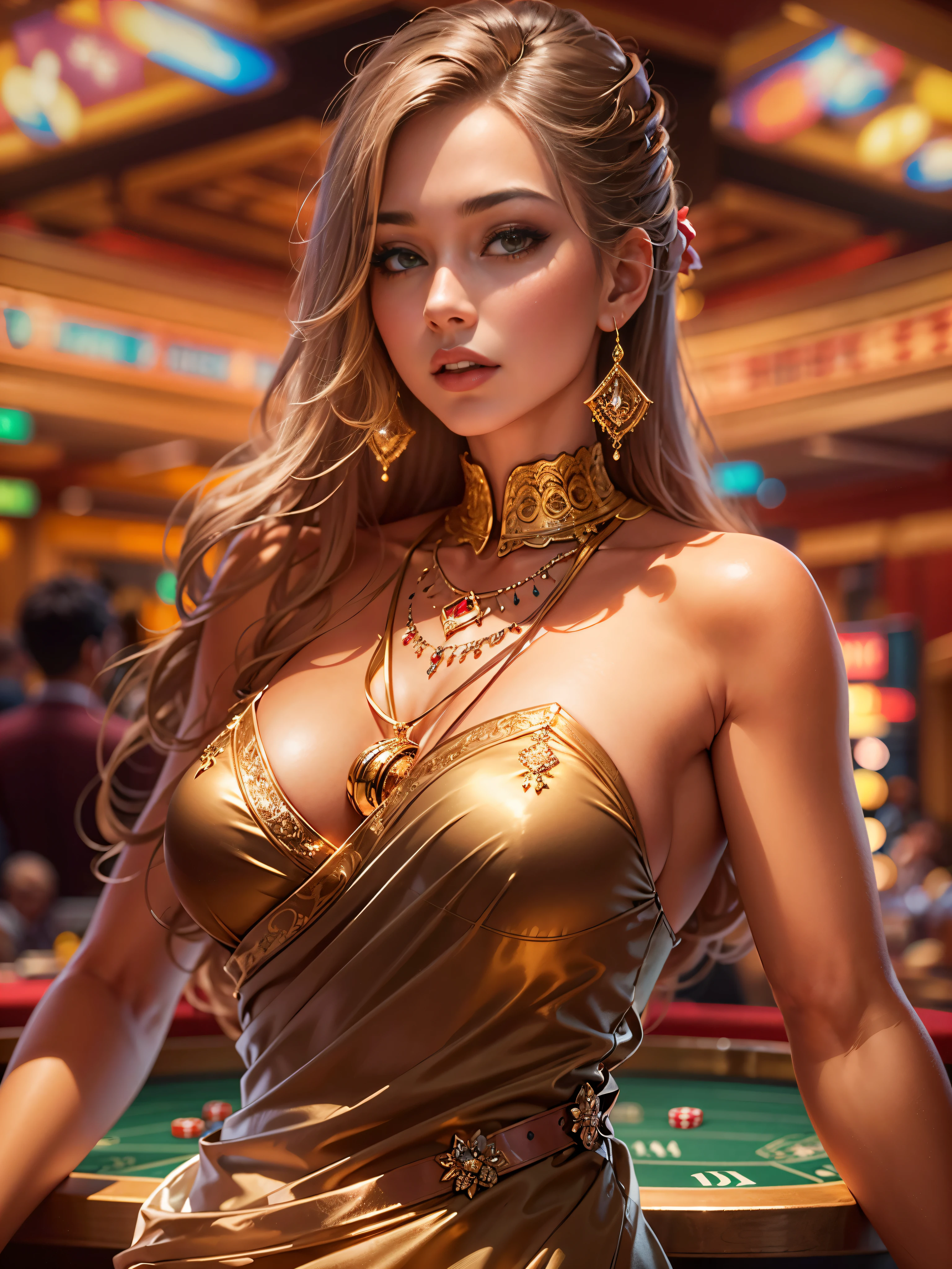 Masterpiece, art, young beautiful woman, flawless skin, smooth skin, very large firm breasts, perfect proportions, in a casino in Las Vagas, luxury, lifestyle, diamond jewelry, golden evening dress, anime, sexy, erotic, UHD resolution, realistic detail, realistic reflections, realistic shadows, 3D,