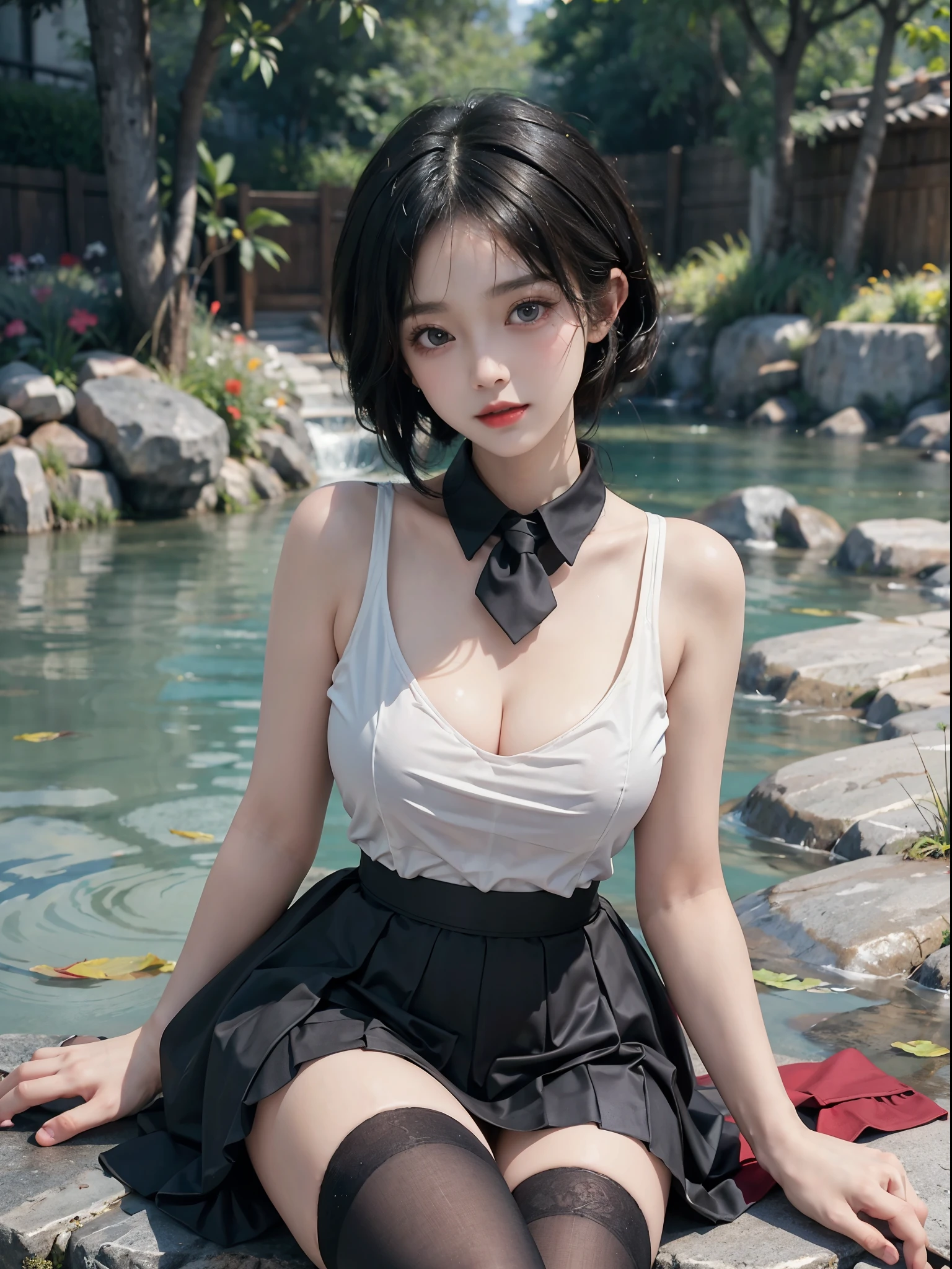 (best quality), masterpiece, Extremely detailed CG8K painting, high color, Extremely high color saturation, All colors are deepened, central composition, Extremely detailed light and shadow, The face and eyes are very detailed, medium length hair, sportswear, colorful clouds，beautiful nature，landscape，short black hair，white spaghetti strap dress，black hair，short hair，Punk style clothing，Black thin shoulder strap vest，Black skirt，Black small jacket，black knee socks，Medium breasts