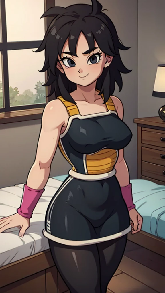 masterpiece, best quality, cowboy shot, 1 girl, solo, saiyan armor, armor, black skirt, dress, wristband, black pantyhose, leggings, boots, bedroom background, window, indoors, nighttime, smile, happy, medium breasts, wide hips, curvy, thin waist, looking at viewer, bare shoulders, Gine, spiky hair, medium hair, black hair, anime screencap