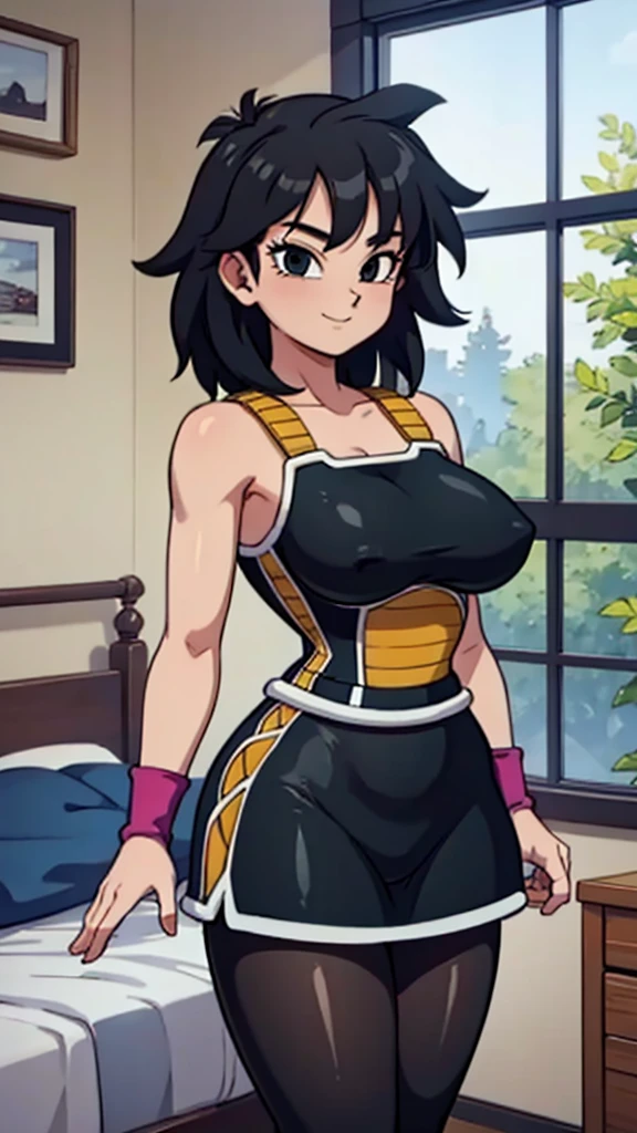 masterpiece, best quality, cowboy shot, 1 girl, solo, saiyan armor, armor, black skirt, dress, wristband, black pantyhose, leggings, boots, bedroom background, window, indoors, nighttime, smile, happy, medium breasts, wide hips, curvy, thin waist, looking at viewer, bare shoulders, Gine, spiky hair, medium hair, black hair, anime screencap