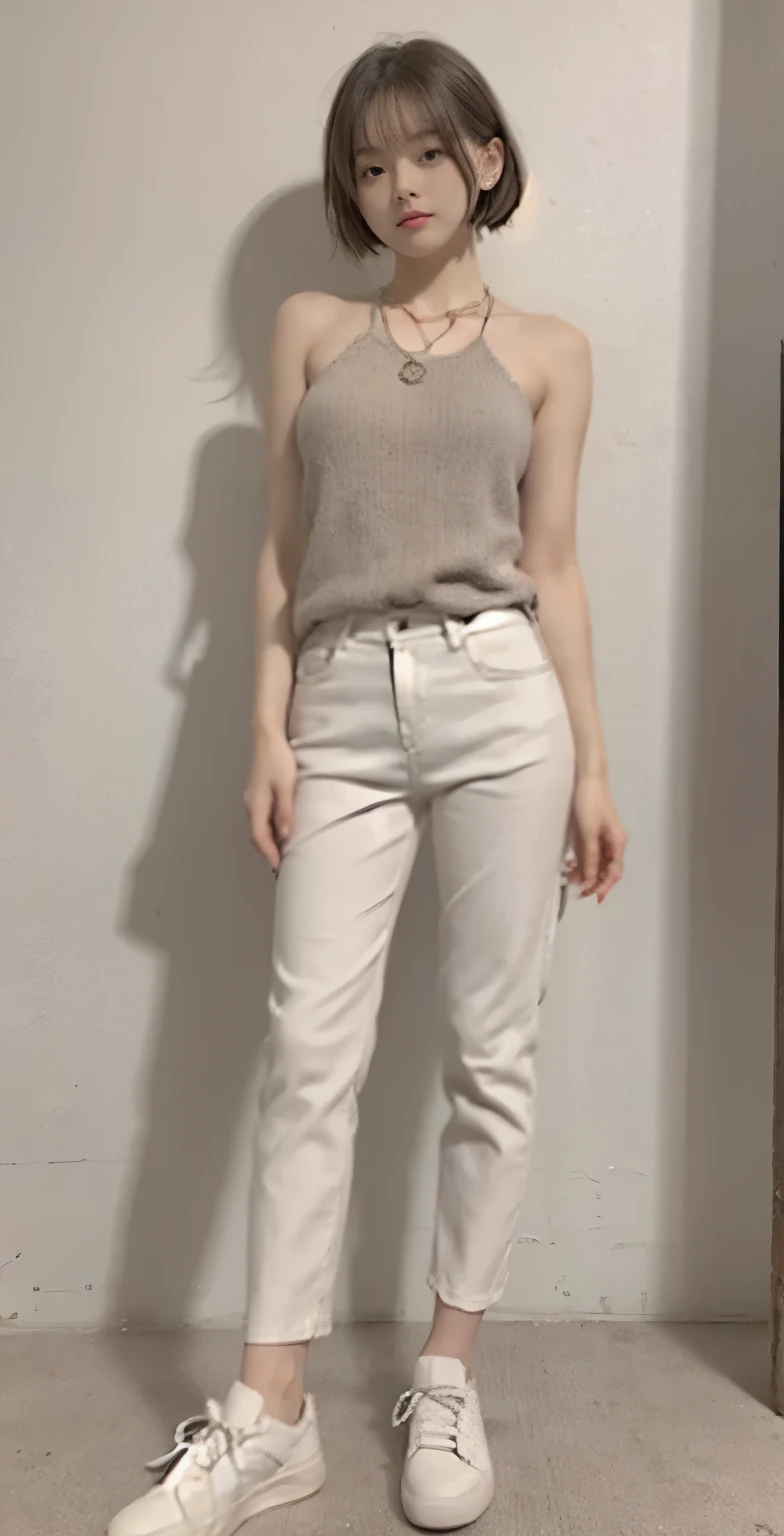 (super high quality、32K、Masterpiece:1.2)、可爱的18岁美女大学生的Full body image、very short short hair、surface focus、knitted halter top、Light gray knit、dew肚脐,dew,White skin,beautiful,A necklace、staring at the audience、Stylish white casual trousers、Stylish white sneakers、posture、sweet expression、Show off your petiteness、slim figure,腿很直很pretty、university campus、Put your hands behind your back,sit with legs together、round buttocks,pretty,Full body image:1.5,White sneakers in view:1.5