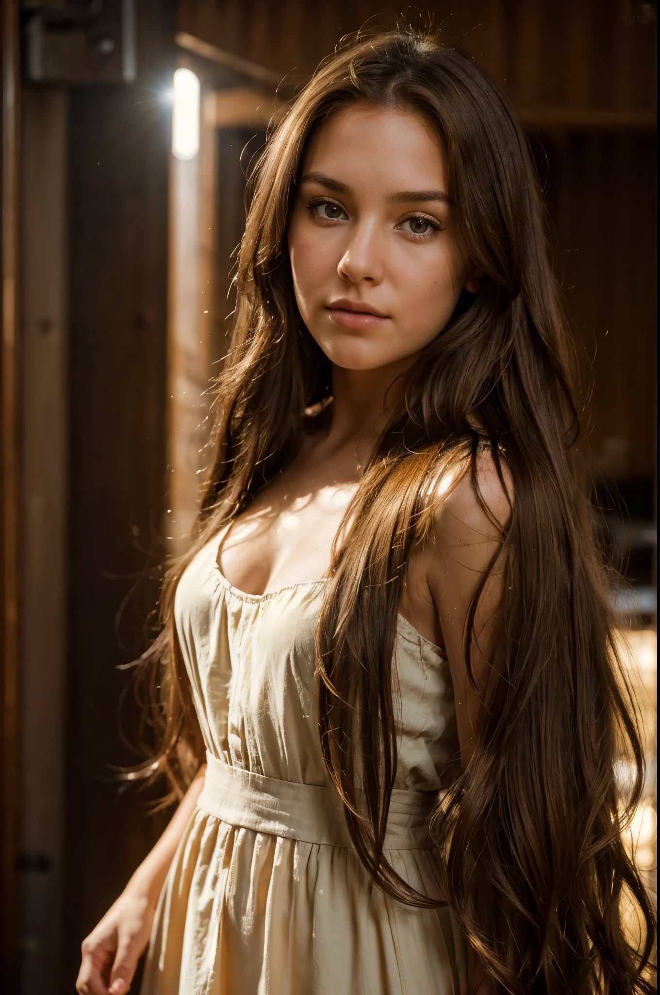 A photorealistic portrait of a 25-year-old American girl with long, flowing brown hair and striking brown eyes. She should have a natural, approachable expression and be illuminated by soft, golden-hour sunlight. Capture this image with a high-resolution photograph using an 85mm lens for a flattering perspective, the dress is a dark long dress